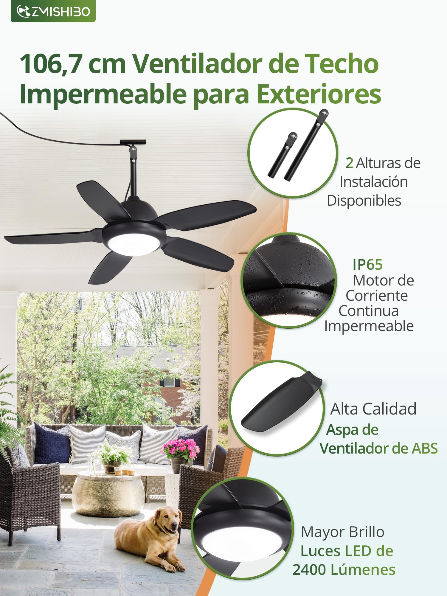 ZMISHIBO Ventilador de Techo Impermeable 107 cm con Luz LED, IP65, Motor DC Silencioso 6 Velocidades 3CCT, Ventilador Colgante para Exterior con Mando a Distancia, Negro