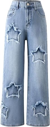 SEAUR Girls Jeans Wide Leg Pants Kids Elastic Waist Denim Pants Baggy Casual Trousers Ripped with Pockets 7-14 Years