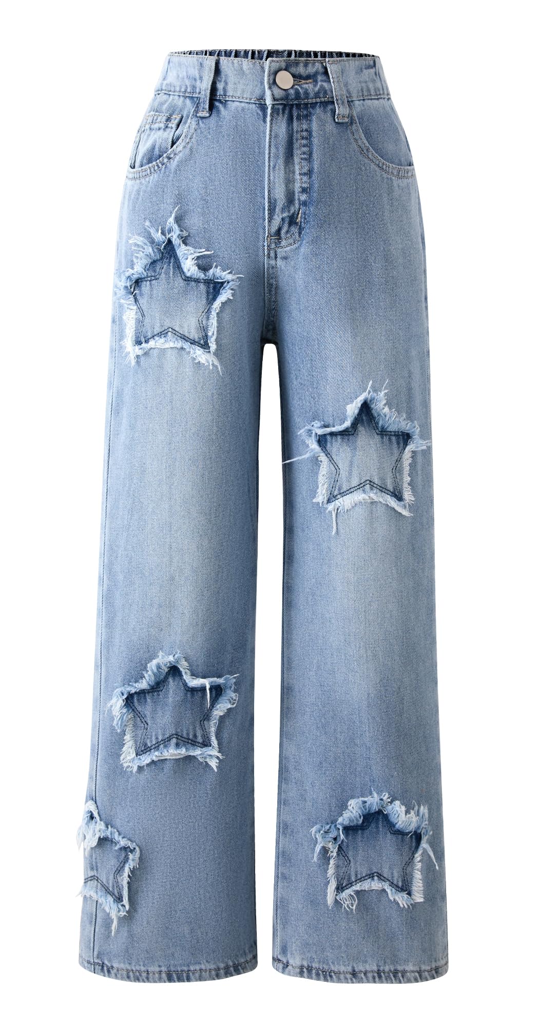 SEAUR Pantalones vaqueros para niña de pierna ancha con cintura elástica Y2K Denim Jean pantalones rectos patrón de estrellas 130-160 = (EU 128-158)