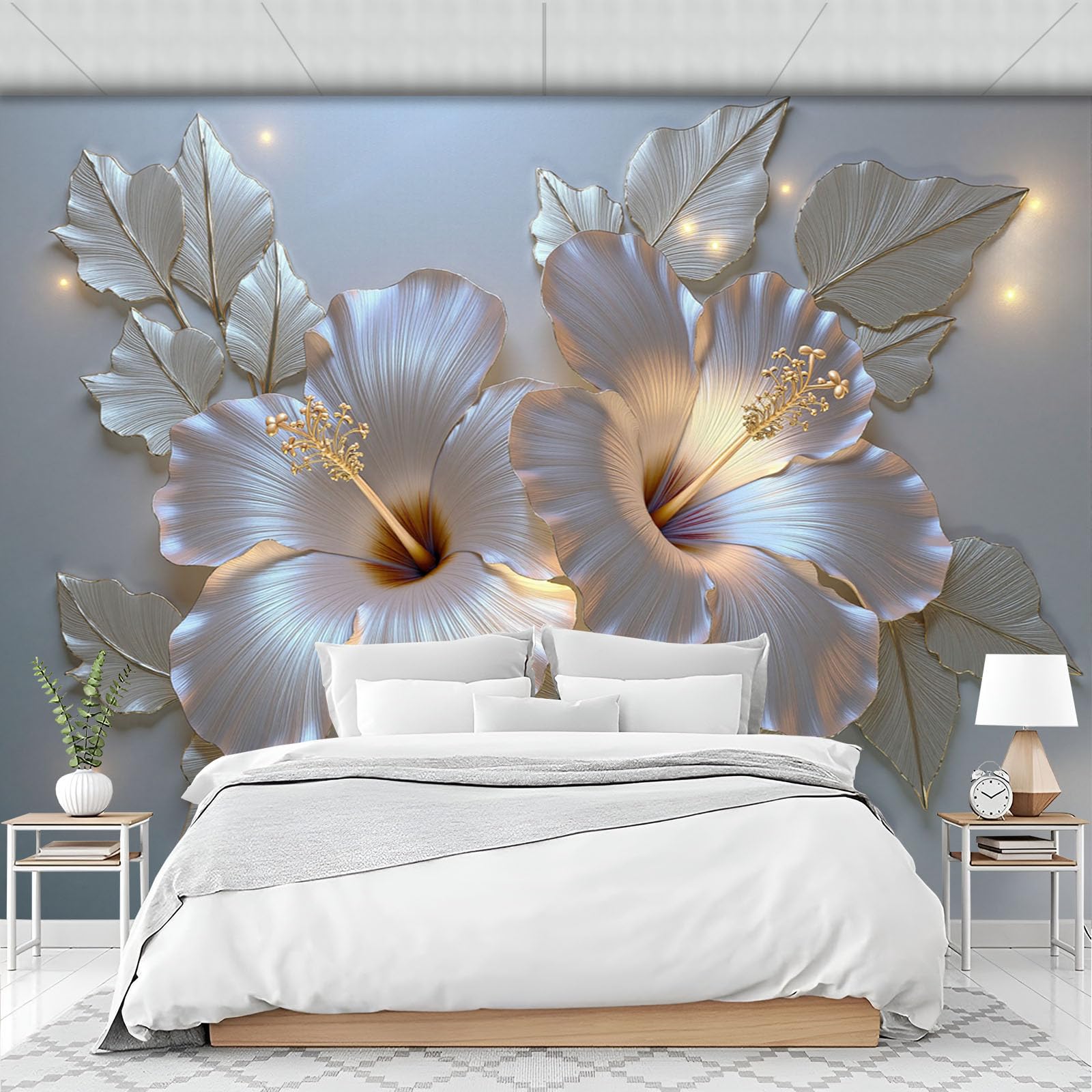 Papier Peint Panoramique Soie, 400x280cm Papier Peint Fleurs 3D Tapisserie Panoramique Hibiscus Décoration Murale pour Salon Chambre Restaurant, Argent