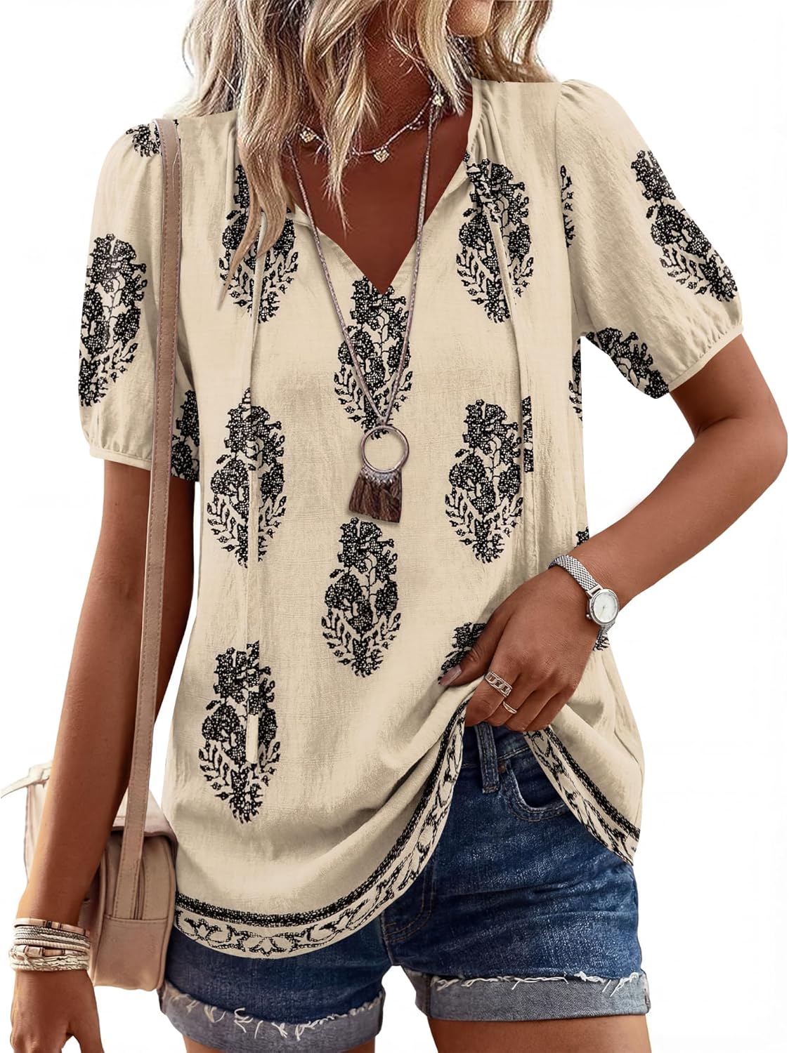 LOMON Boho Tops for Women Summer V-Neck Tie Front Peasant Blouses Casual Puff Sleeve Loose-Fit Flowy Shirts Beach Vacation
