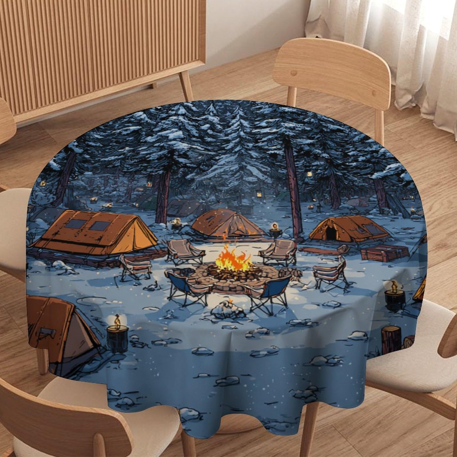 LUYYSKY Colorful Classic Winter Camping Waterproof Round Tablecloth Beautiful Rustic Snowy Forest Campfire Tent Pattern Washable Table Cover for Kitchen-152.4" Wx152.4 L cm