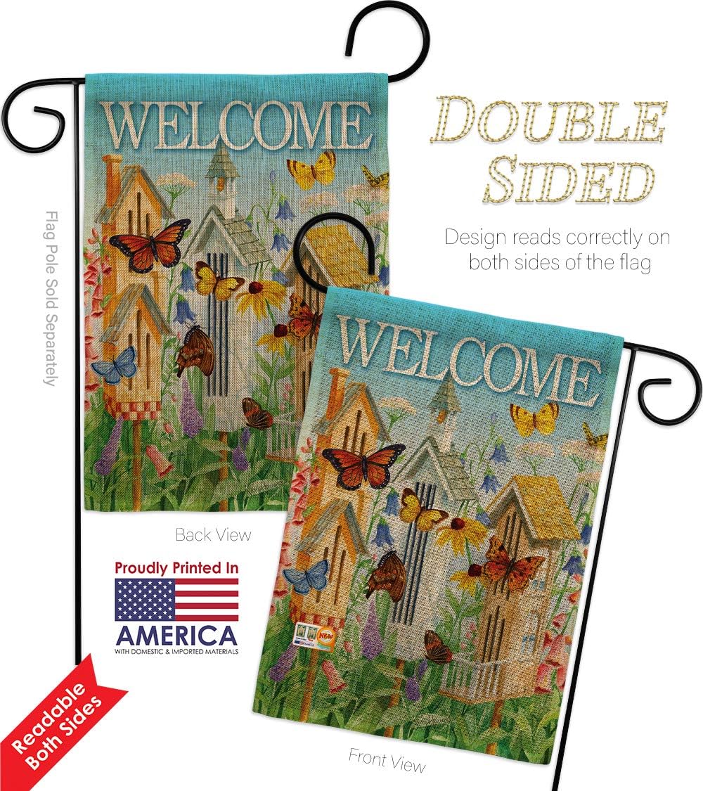 Welcome Butterfly Houses Burlap Garden Flag Friends Ladybugs Dragonfly Bee Springtime Insect Natural Wildlife Small Decorative Gift Yard House Banner Double-Sided Made In USA 13 X 18.5