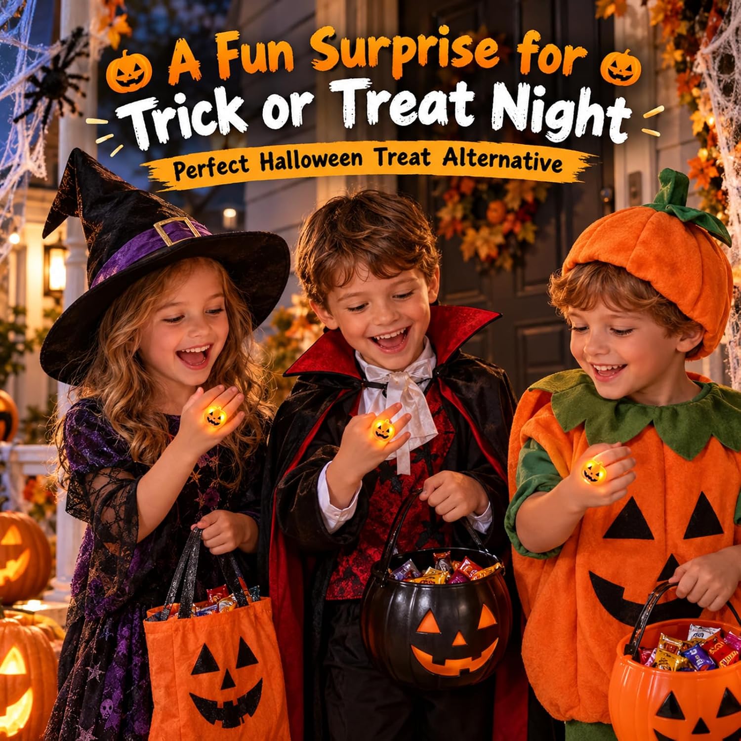 Libima 100 Pcs Halloween LED Light up Pumpkin Rings Decoration and Party Favors