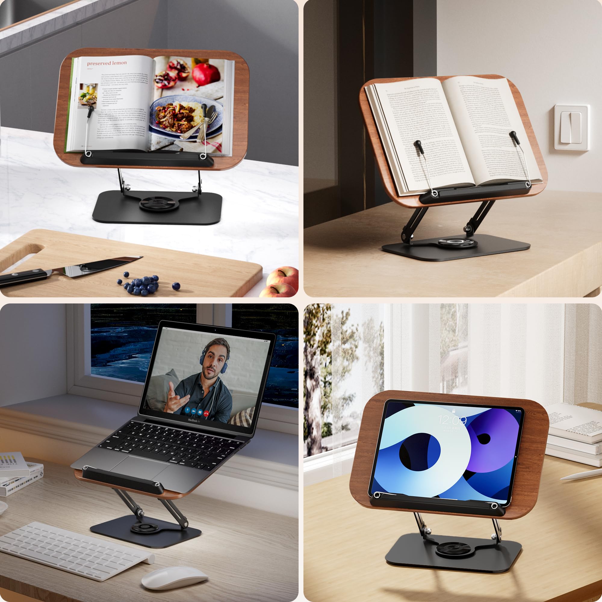 SupeDesk Support de lecture réglable en bois - Pivotant à 360° - Pliable - Avec clip latéral - Support de présentation pour recettes, magazines, tablette, ordinateur portable, élégant style rétro
