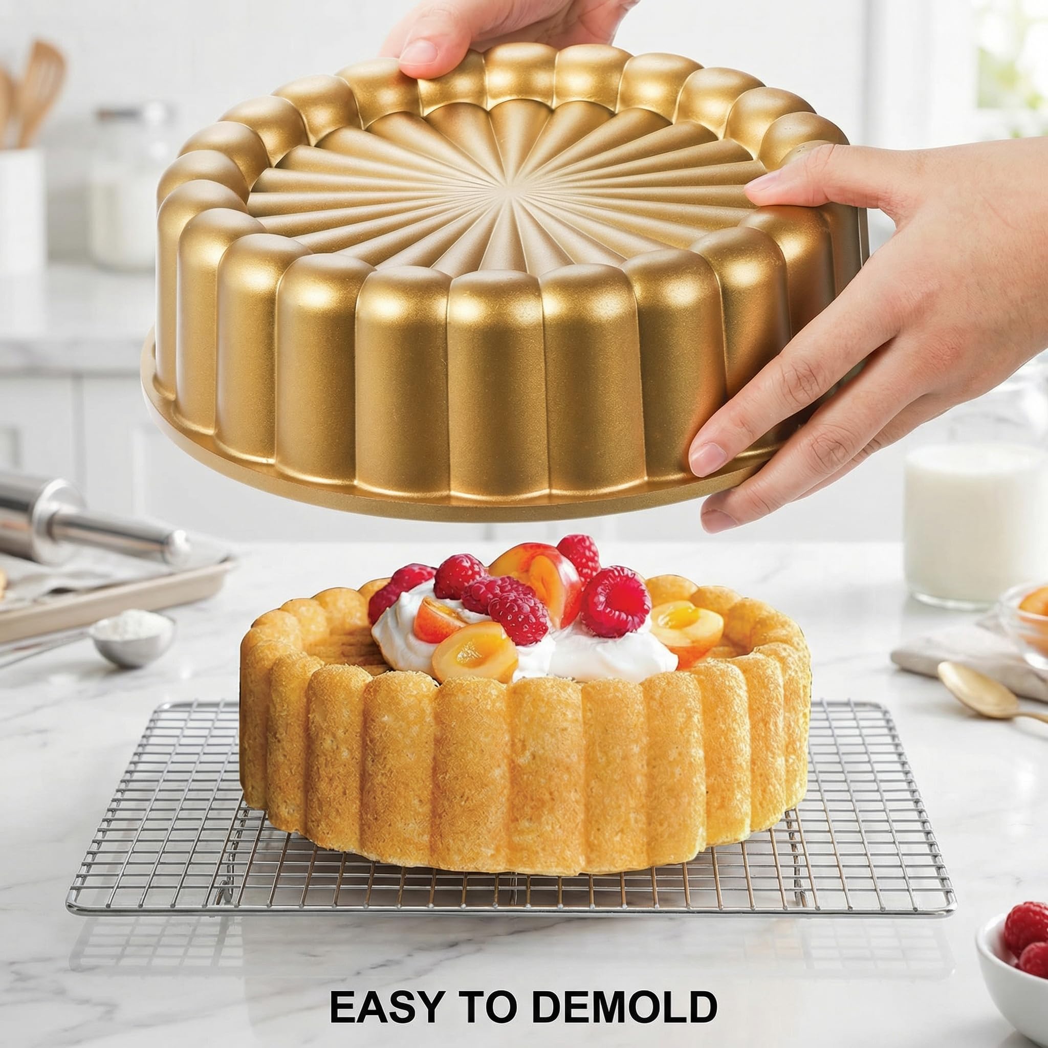 Goaste Molde Charlotte de 9.5 pulgadas, molde reutilizable estriado para tartas, moldes de aluminio antiadherente con forma de flor para pastel de queso, pastel de chocolate, pastel de fresa, pastel