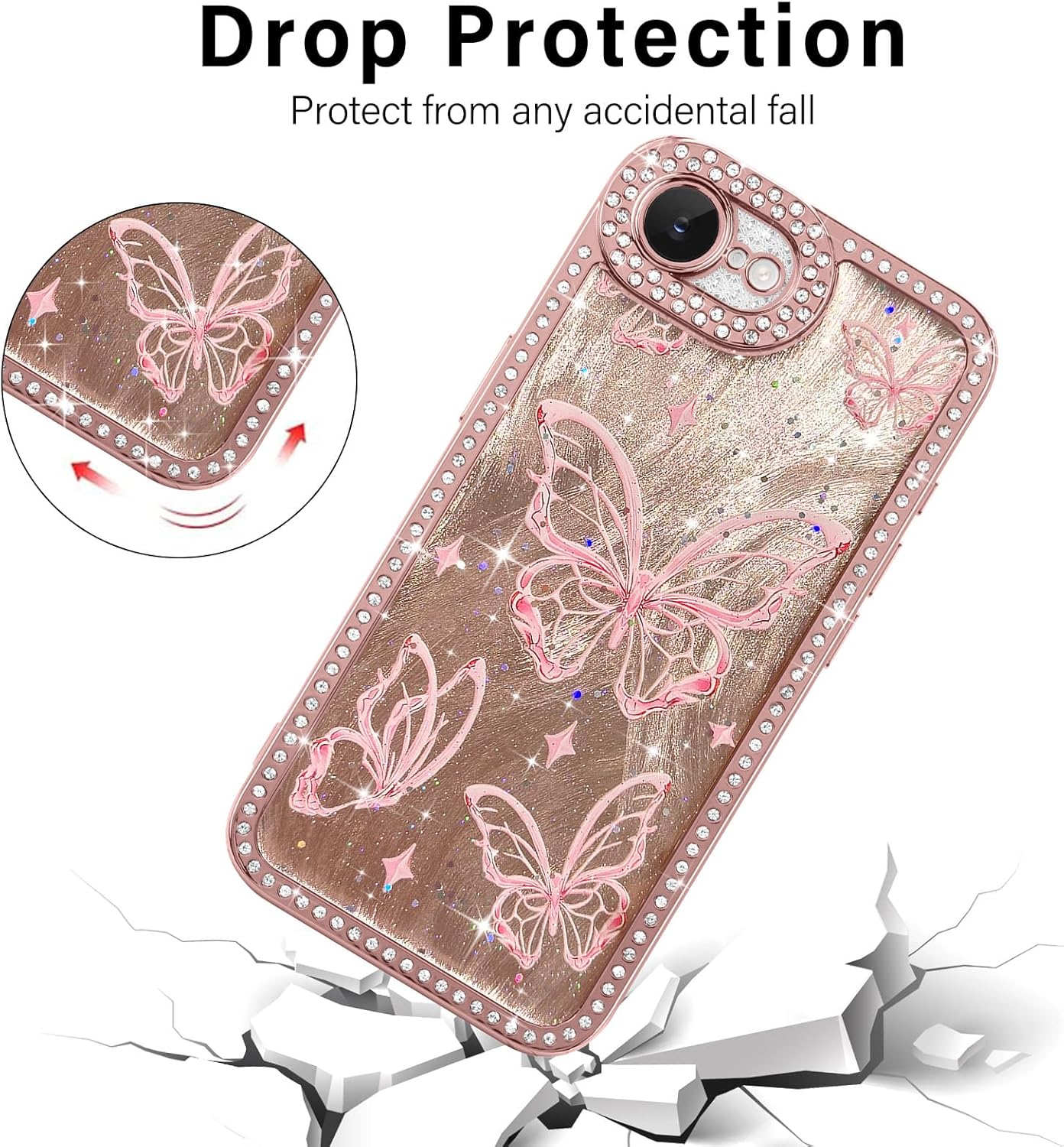 for iPhone 16e Bling Butterfly Case, Cute Luxury Sparkle Glitter Diamond Crystal Rhinestone Protective Case Cover for Girls Women Kids Compatible with iPhone 16e 6.1 Inch,Pink - Image 3