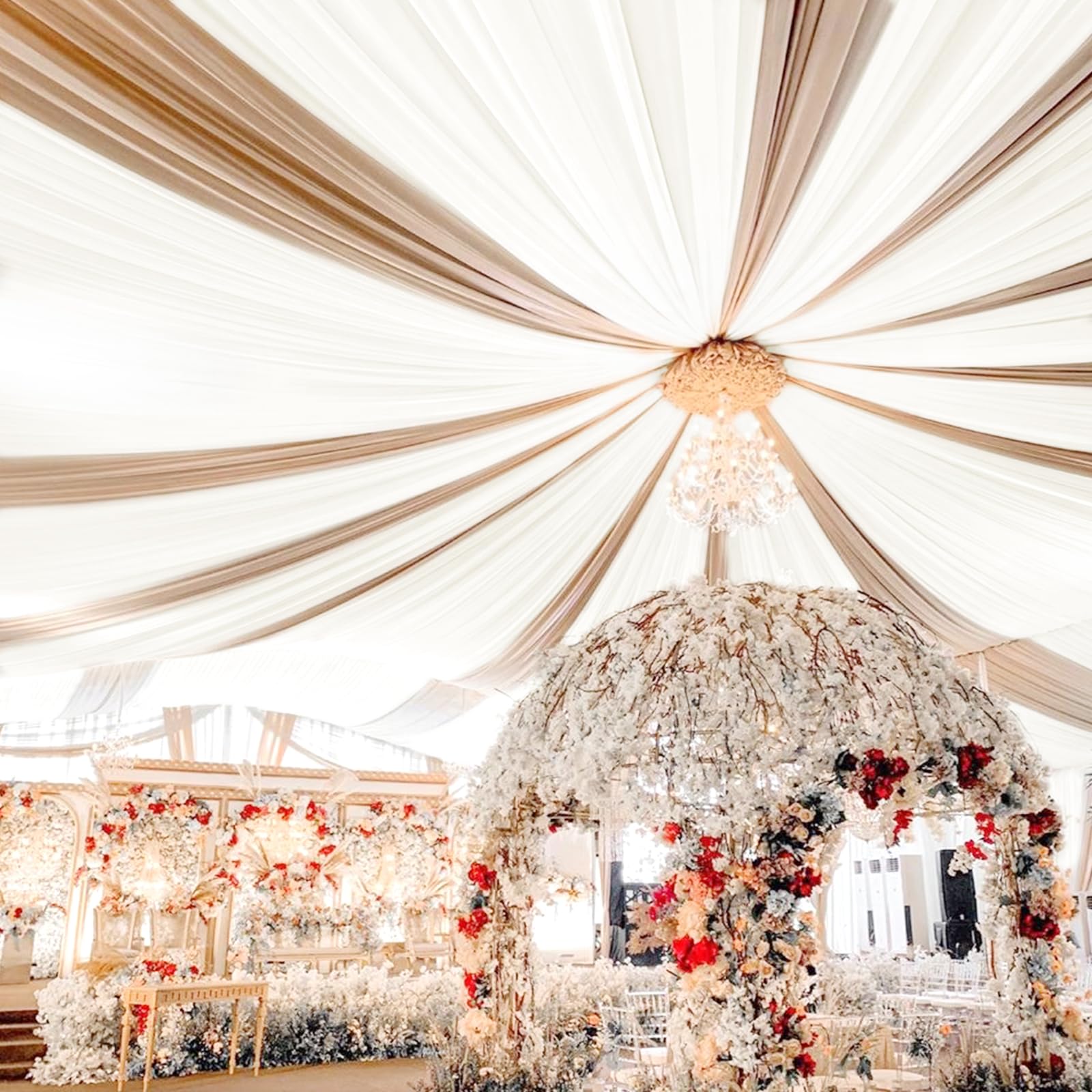 Rideaux de plafond de mariage en mousseline de soie drapée, voilage ivoire haut de gamme