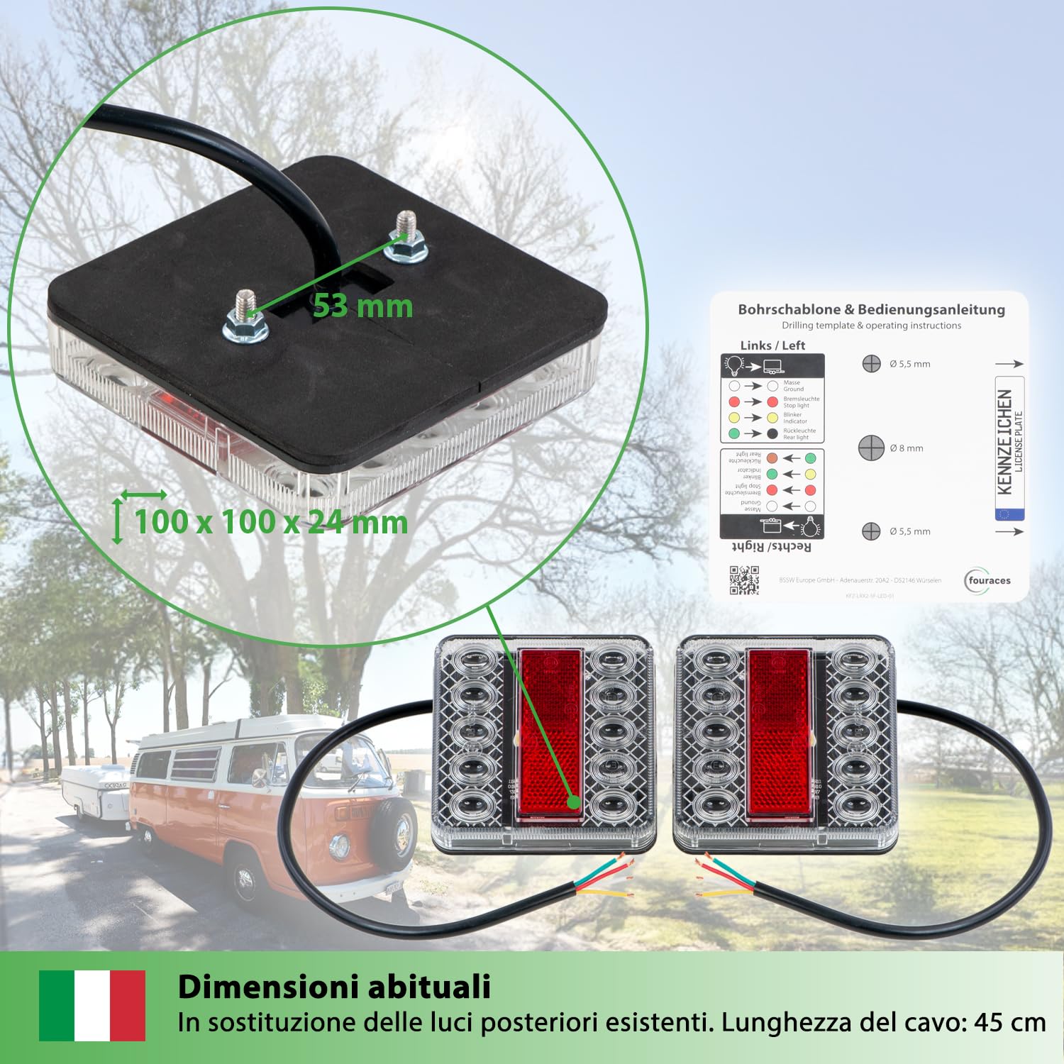 fouraces fanali posteriori a LED per rimorchio - 2 set, con schema elettrico e illuminazione targa, fanale posteriore, trattore, carrello, luce, lampade per auto