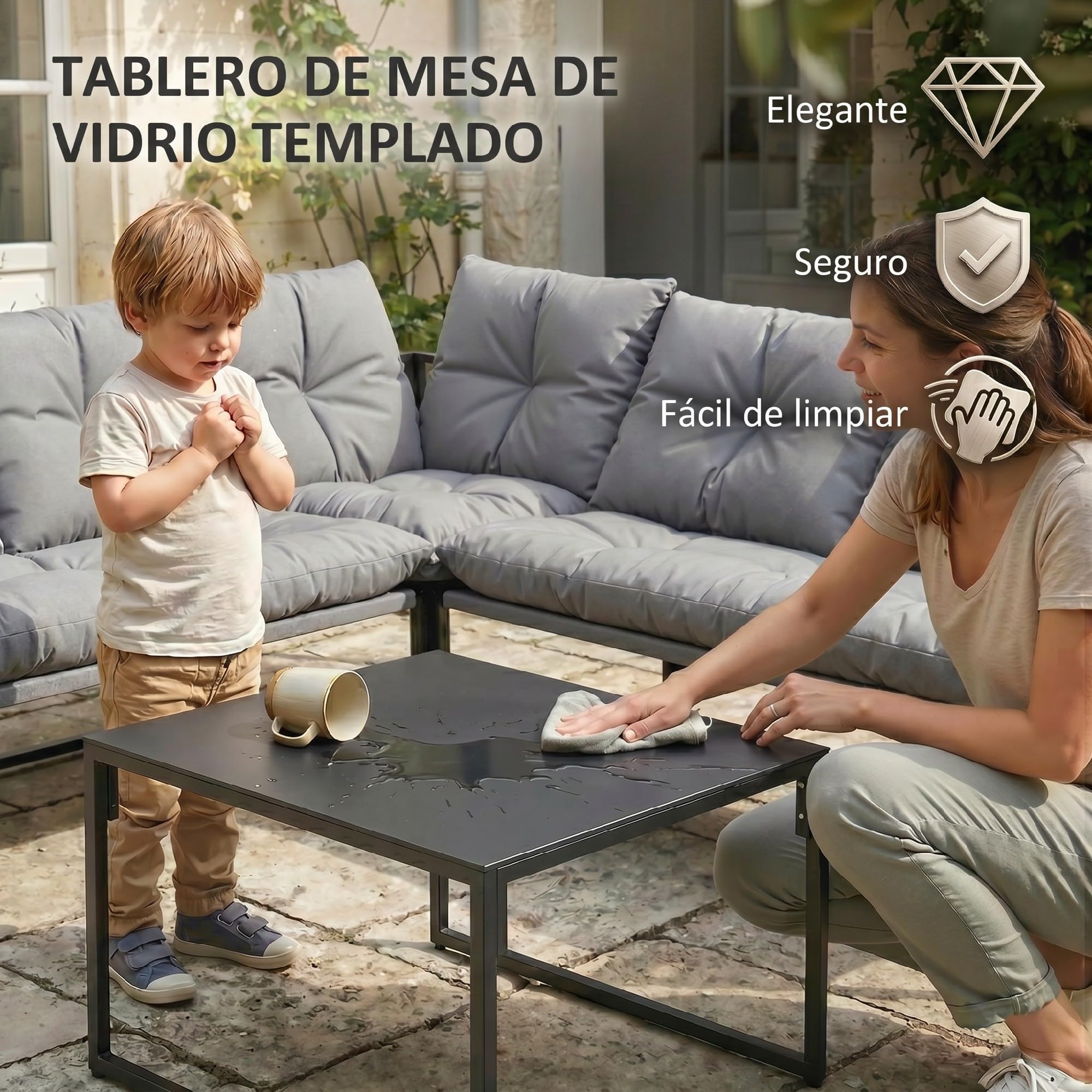 Outsunny Conjunto de Muebles Jardín Exterior de 4 Piezas Forma L Gris | Sofá Seccional Resistente, Cojines Gruesos, Sofá de Esquina, 2 Sillones de 2 Plazas, Mesa Centro Vidrio Templado