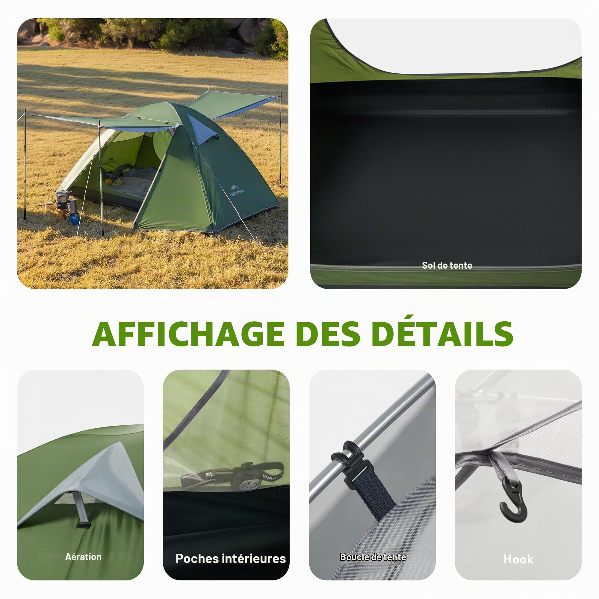 Naturehike Bleik Tente dôme ultra légère pour 2 à 3 personnes avec 2 vestibules pour le camping, le trekking et les randonnées à vélo
