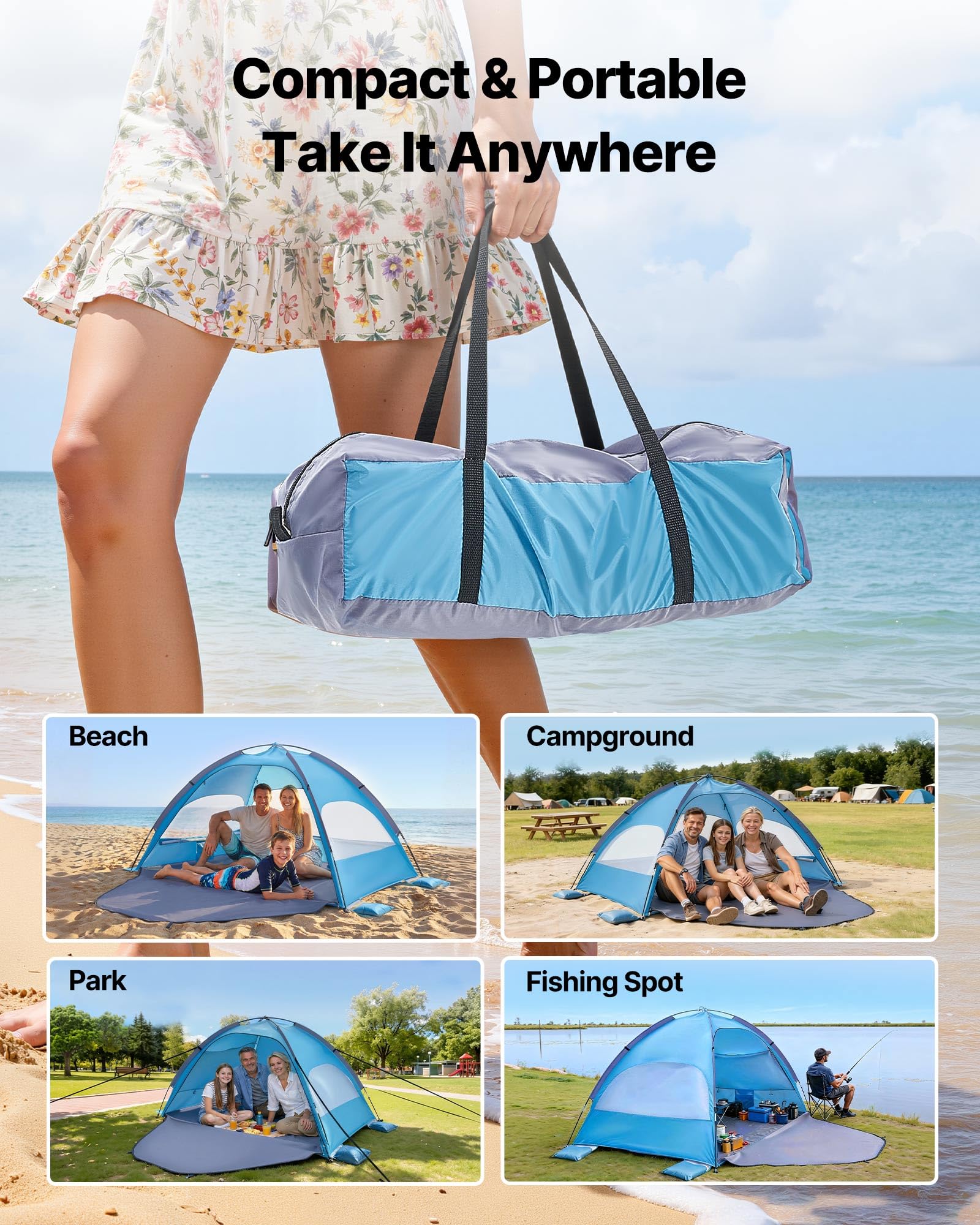 VEVOR Tienda de Playa para 3 Personas, Carpa de Refugio de Sol Protección UPF 50+, Carpa Portátil de Playa con Bolsa de Transporte y Bolsillos para Arena, para Acampar, Pescar, Picnics al Aire Libre