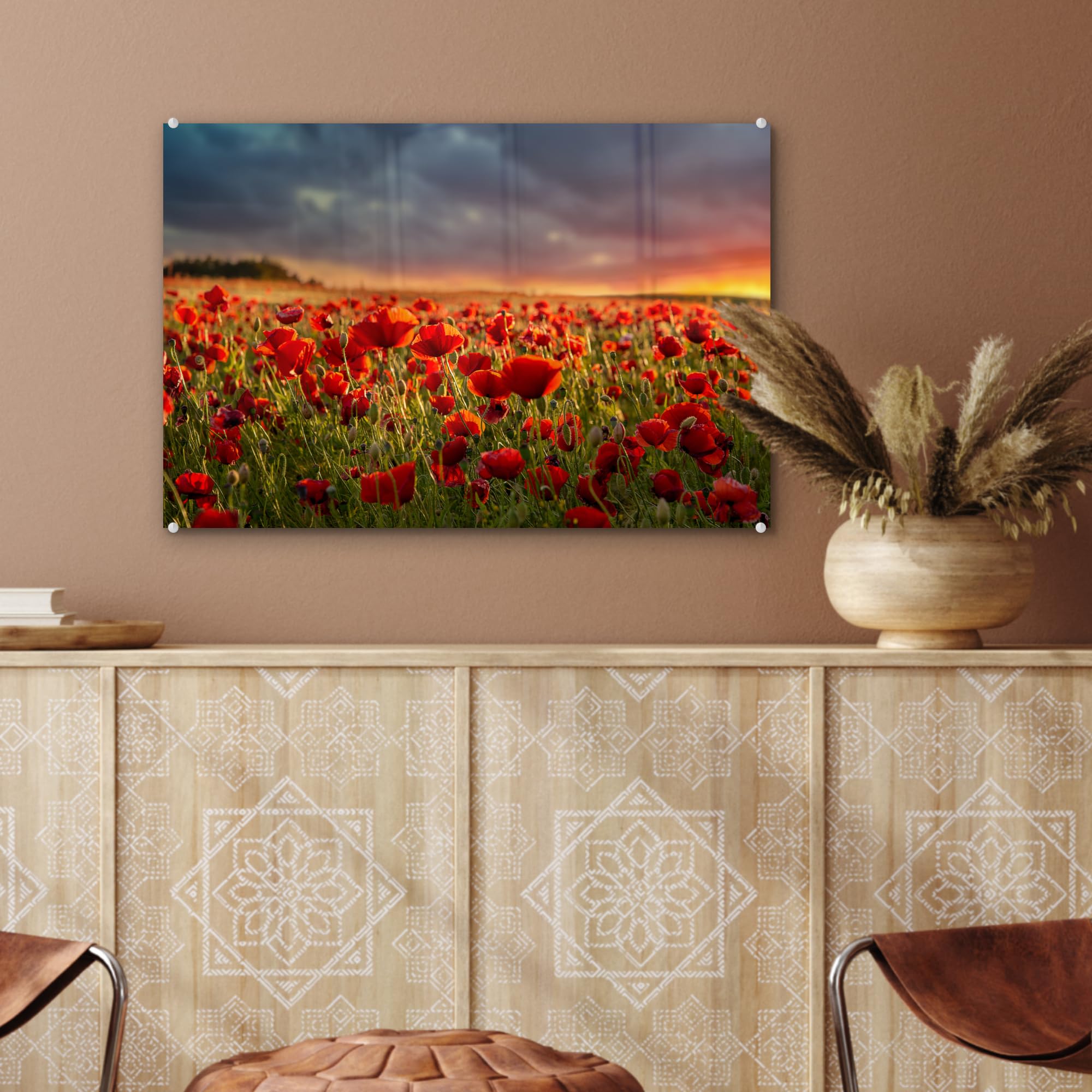 MuchoWow© Stampe In Vetro 60x40 cm Immagine Giorno Interni Notte Moderno Accessori Arredo Poster Murale Cornice Decorazione Pareti Tramonto - Papaveri - Rosso - Fiori - Campo - Natura