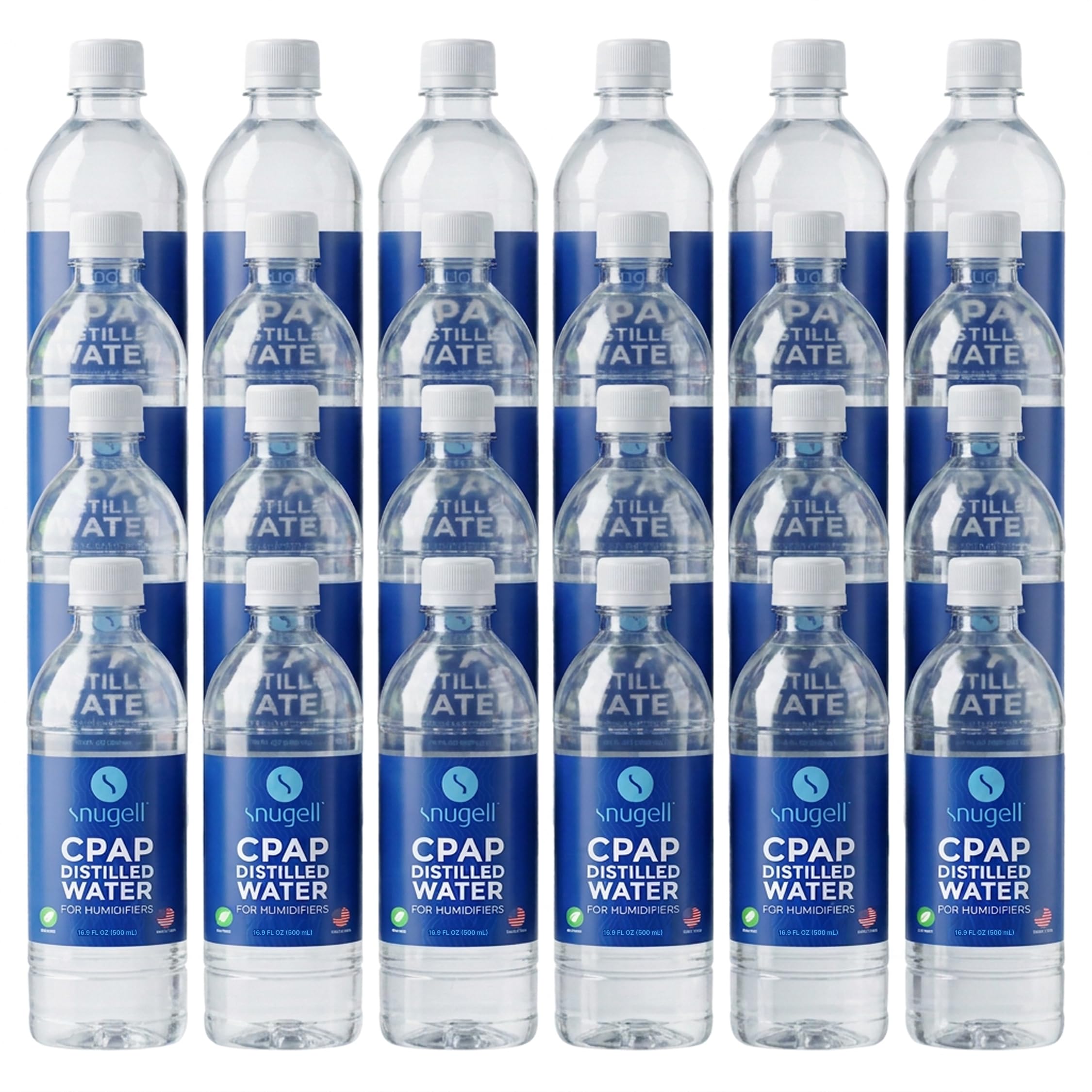 Snugell Destilliertes Wasser für CPAP-Luftbefeuchter | 24 Flaschenpackung 16,9 oz H20 | Reisefreundlich | 16,9 Unzen H2O | Hergestellt in den USA |