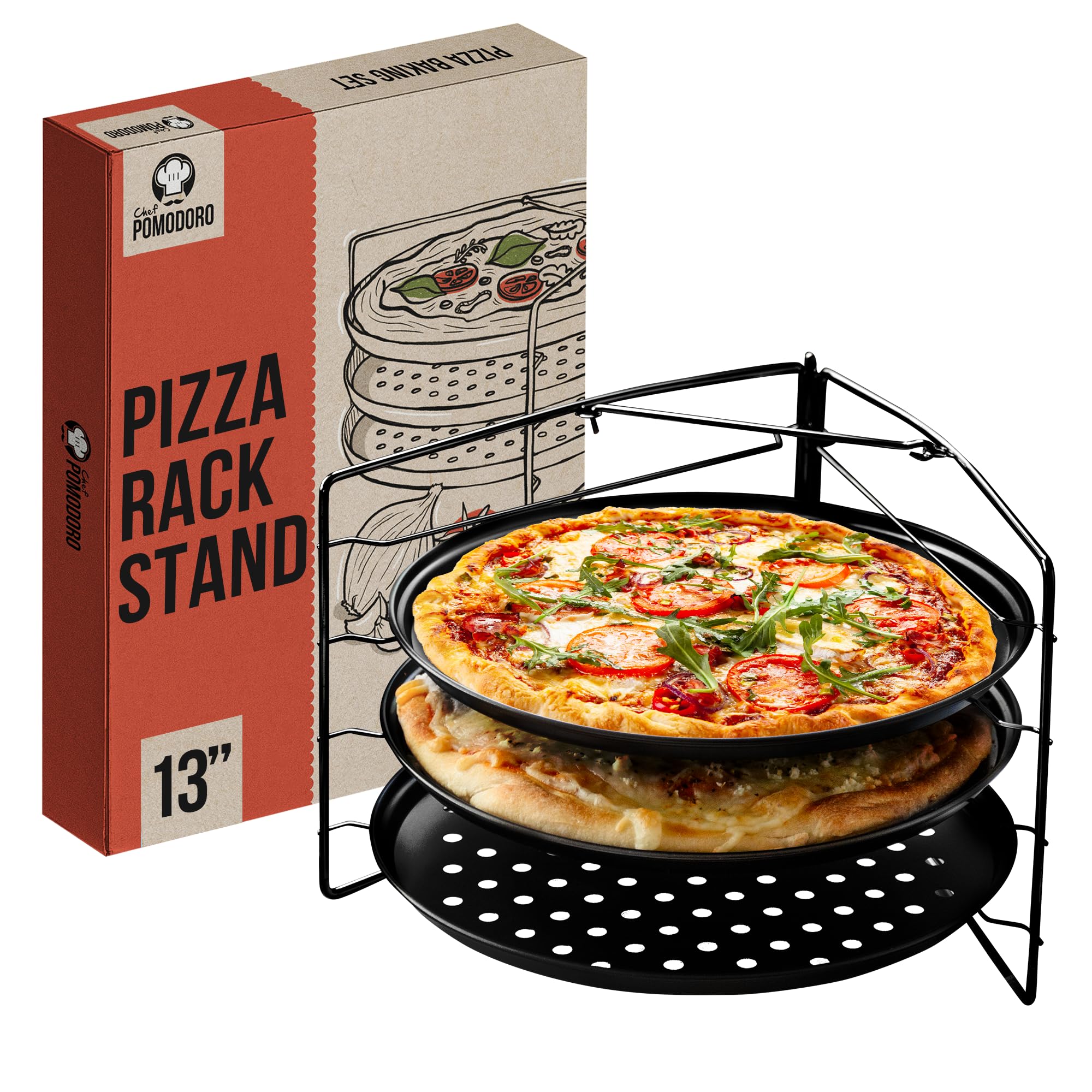 Chef Pomodoro Pizza Baking Set with 3 Pizza Pans and Pizza Rack, (33 cm Pans), Non-Stick Perforated Pizza Trays for Oven, Pizza Pan with Holes for Oven, Barbeque, Bakeware