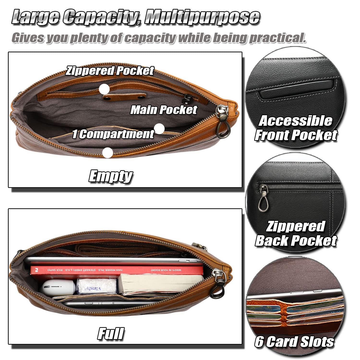 Bolsa de Mano para Hombres en Cuero de Grano Calidad, Formal Bolsa Business con Correa de Mano, Cartera de Mano para Teléfono Móvil y Tableta de Hasta 9,7 Pulgadas, Bolso Clutch de Hombre