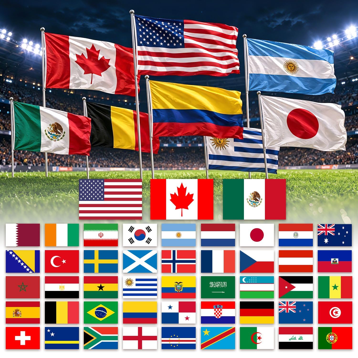 Photo 1 of WHGJ 2026 World Cup Flags, Set of 48 Nations, 3x5 ft Polyester Countries Flag with Brass Grommets, Vivid Color, International Flags for Watch Party, Stadium, Sports Bar, Indoor Outdoor Decoration