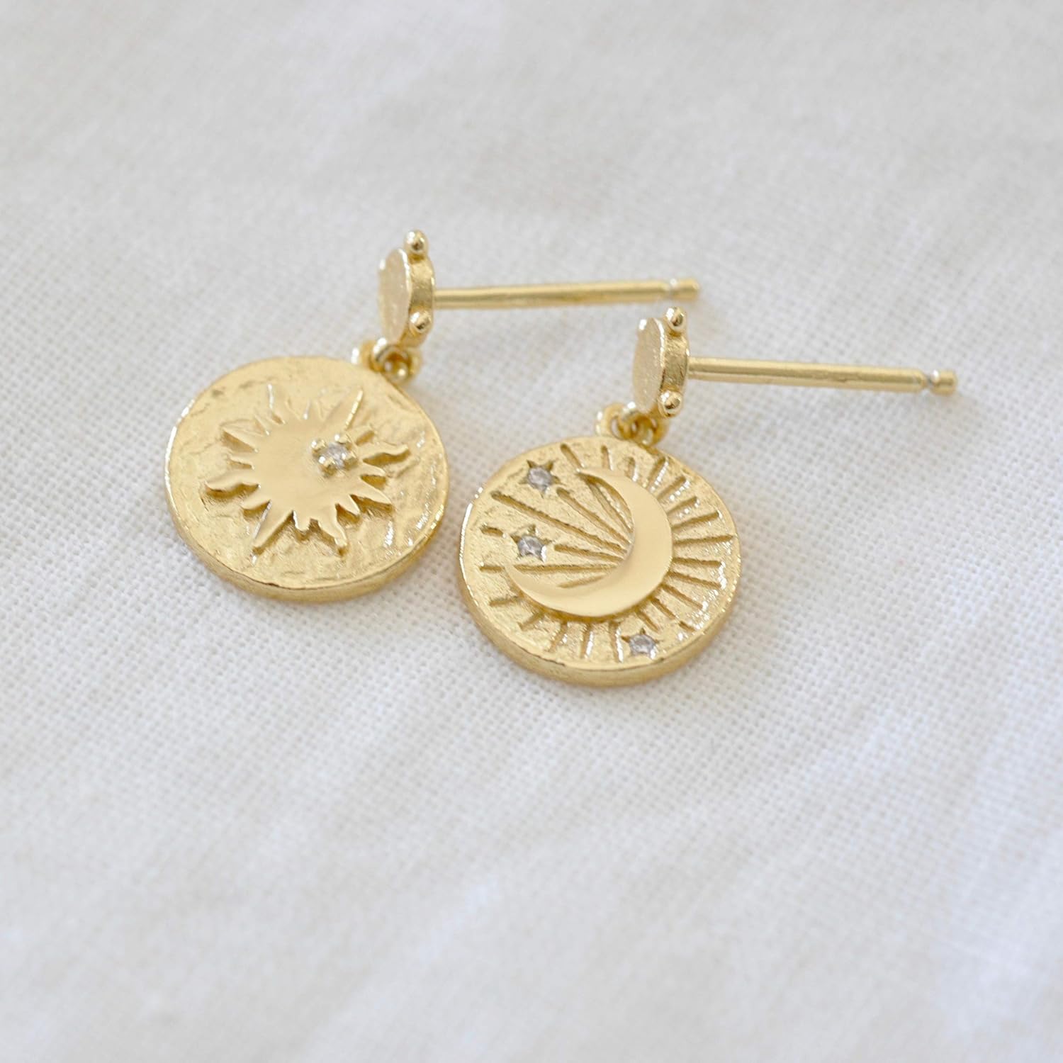 Sun and Moon Mismatch Coin Drop Earrings Sterling Silver with Gold Finish - Image 6
