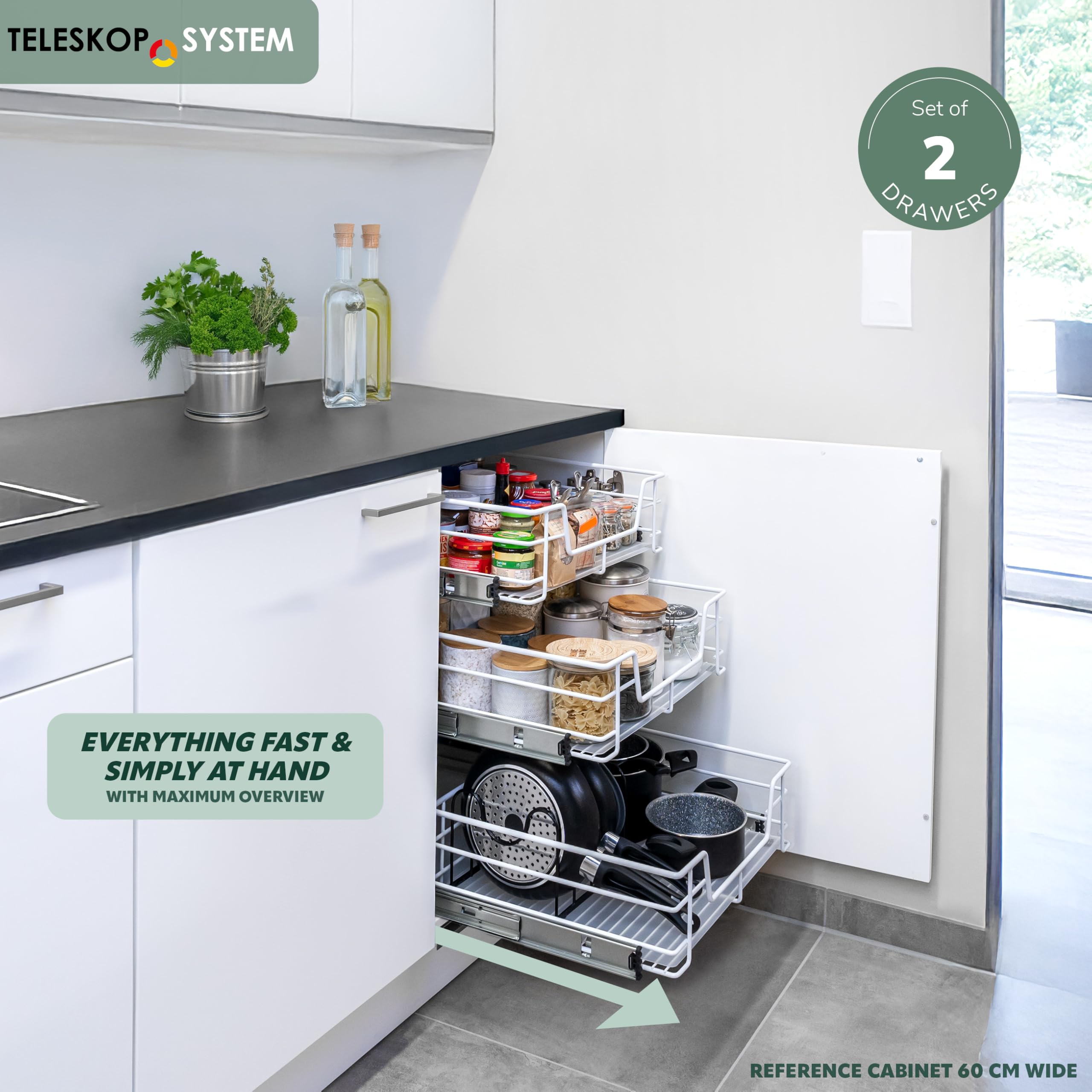 bremermann telescopische lade 45 cm met legplank, voor inbouw achteraf, met kogelgelagerde telescopische geleiders, ideaal voor keuken, badkamer & slaapkamer, gemaakt van metaal (Wit