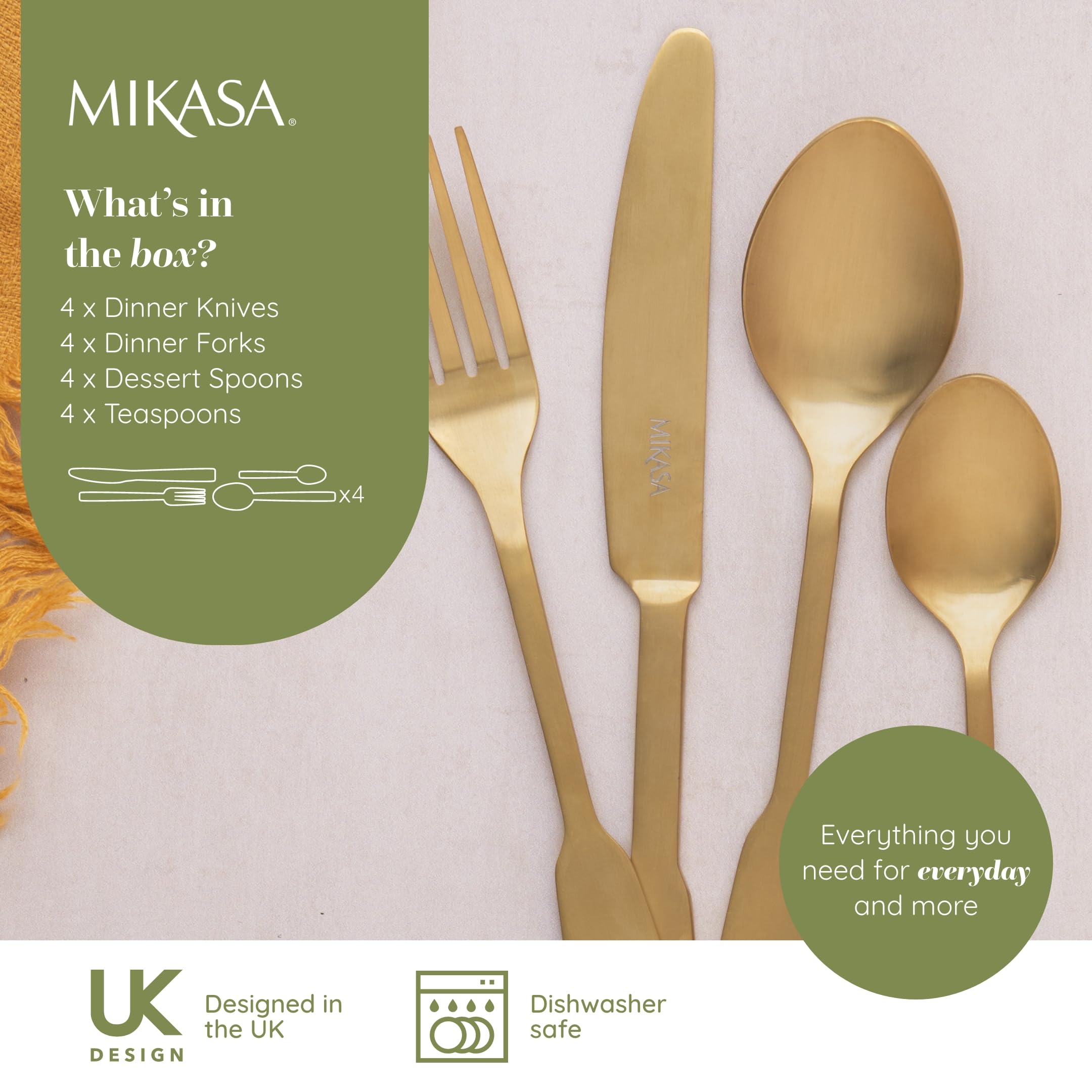 Mikasa Soho Gold 16pc Edelstahl Besteck Set, Gold Besteck Set für 4 | Enthält 4x Messer, 4x Gabeln, 4x Dessertlöffel und 4x Teelöffel - Spülmaschinenfest