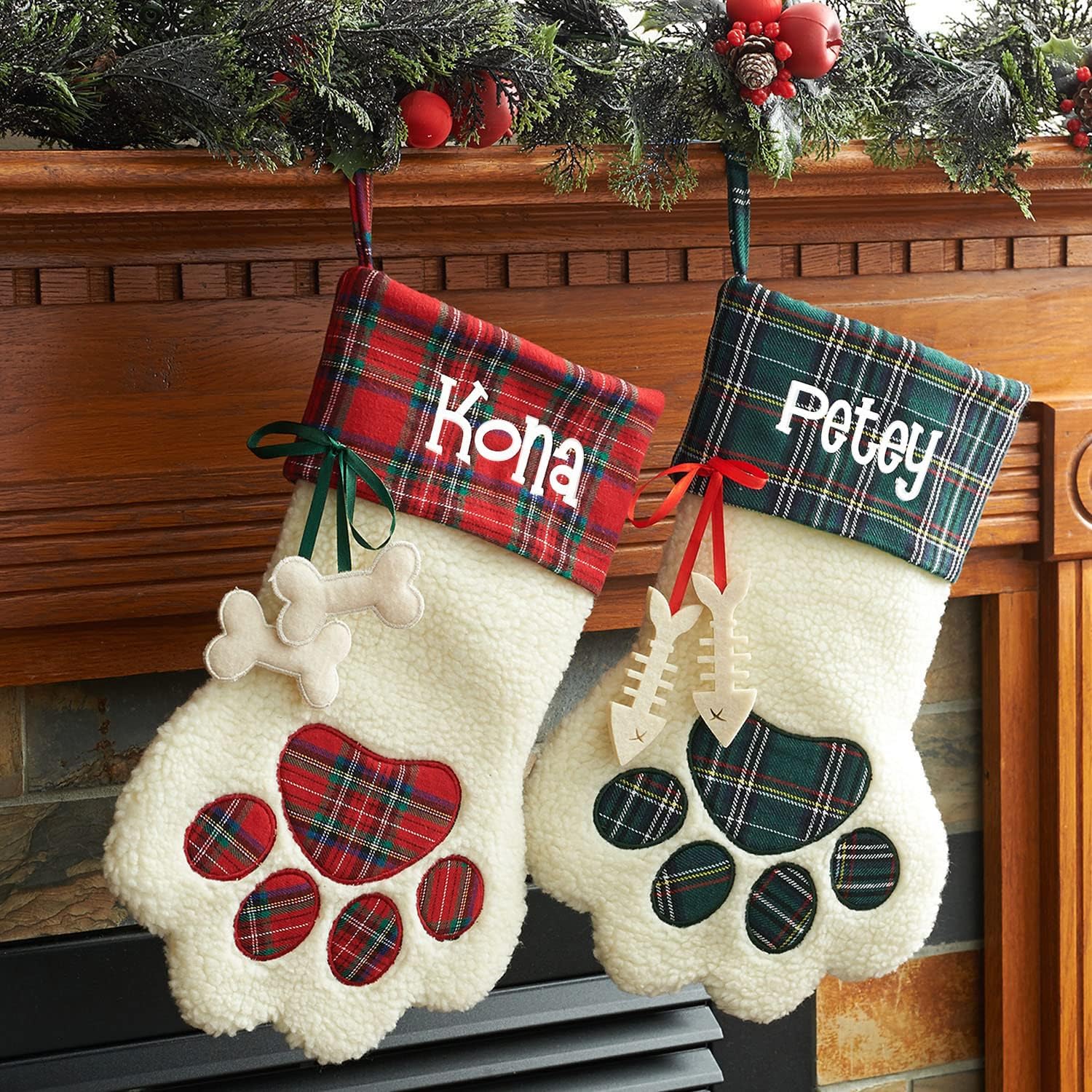 Personalized Planet Dog Paw Christmas Stocking with Custom Pet Name Printed | White Faux Sherpa with Red Plaid Cuff and Dog Bone Accents | Festive Christmas Décor | Ready to Hang