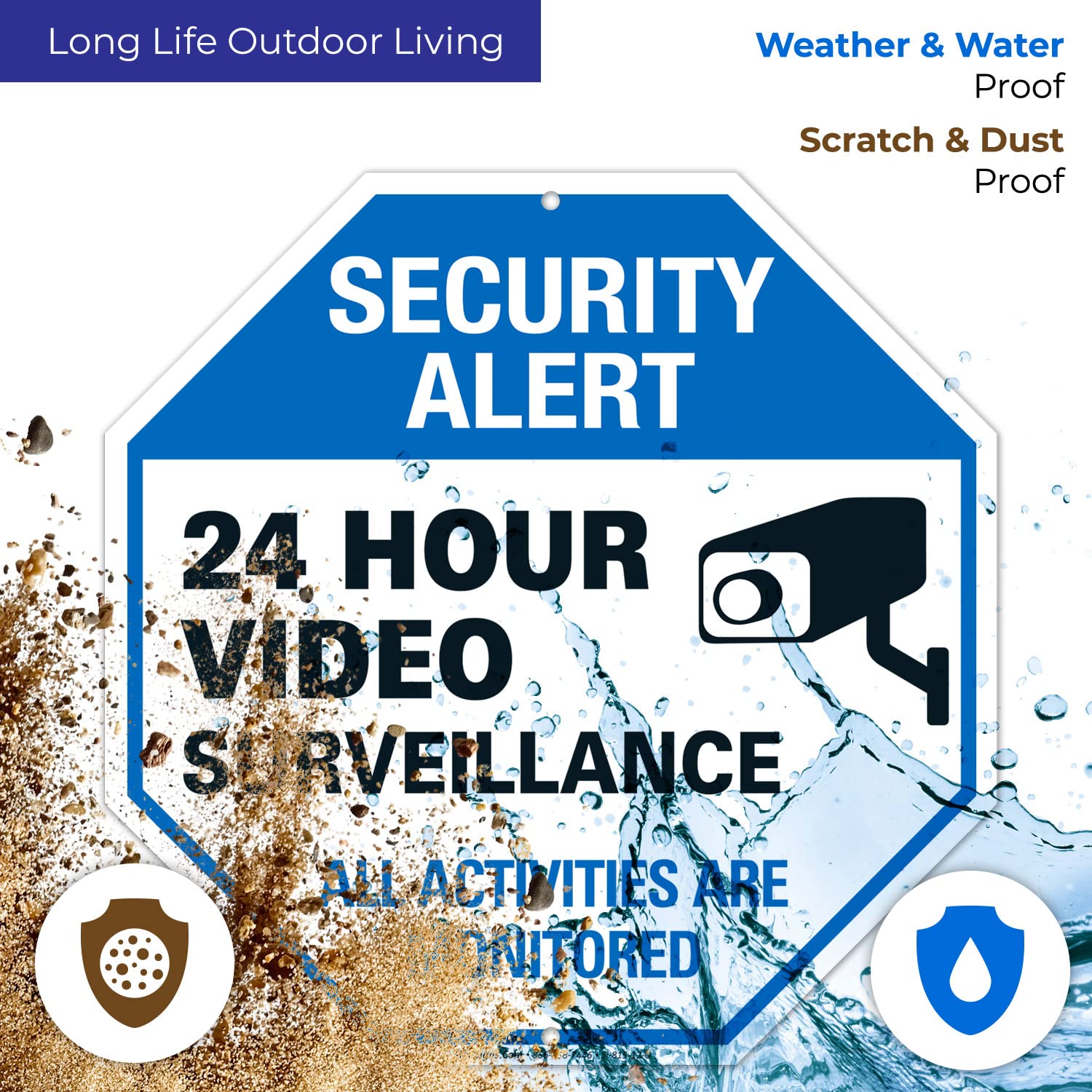 Video surveillance sign – CCTV – 24 horas vigilancia todas las actividades se controlados – Señal de alerta de seguridad leyenda grande 12 X 12 octogonal 0,40 libre de óxido aluminio señal