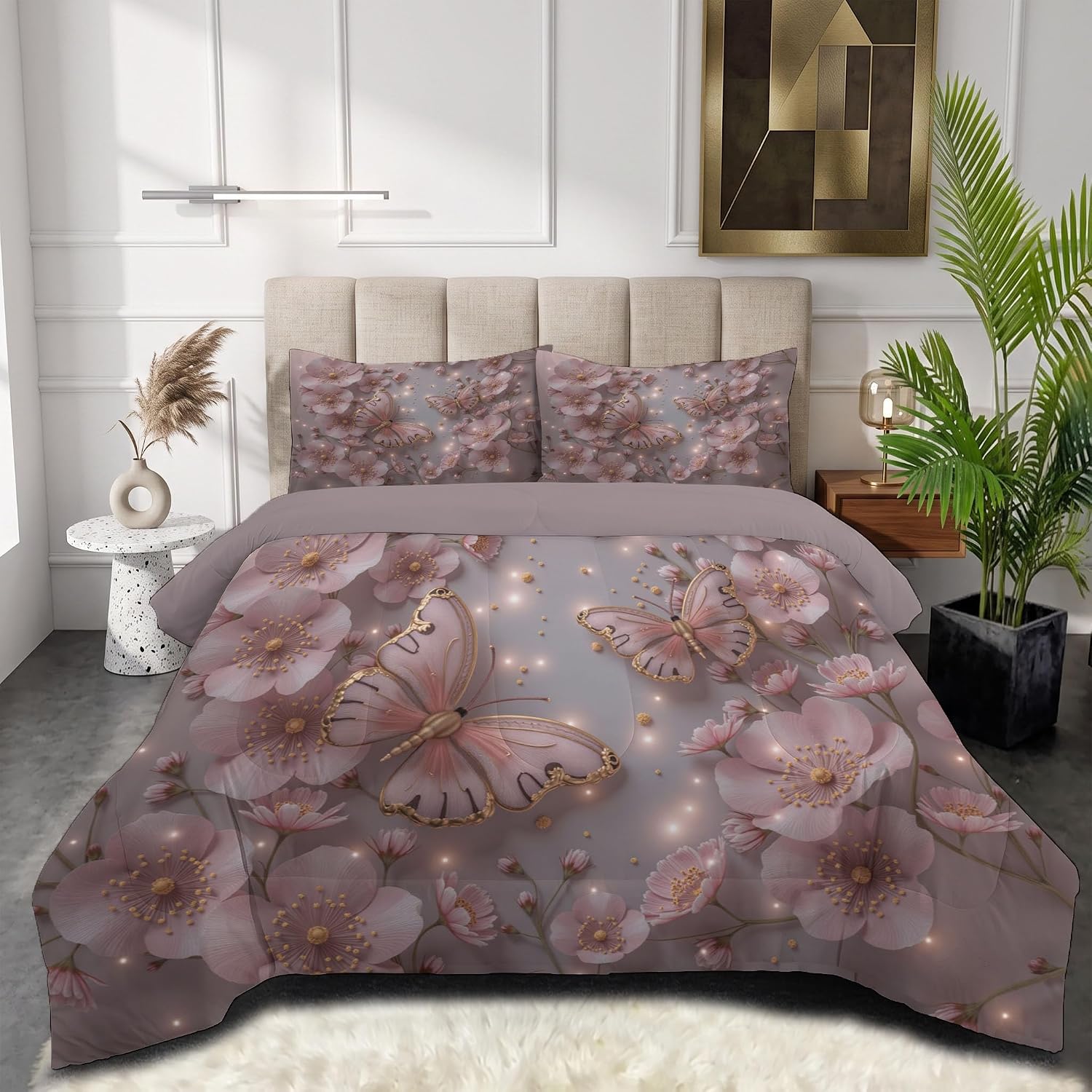 Simple and Healing Comforter Set Twin Size, Butterfly Flowers Print Breathable Bedding Set for Girls Boys Teens, Light Pink Quilt Duvet with 2 Pillow Cases