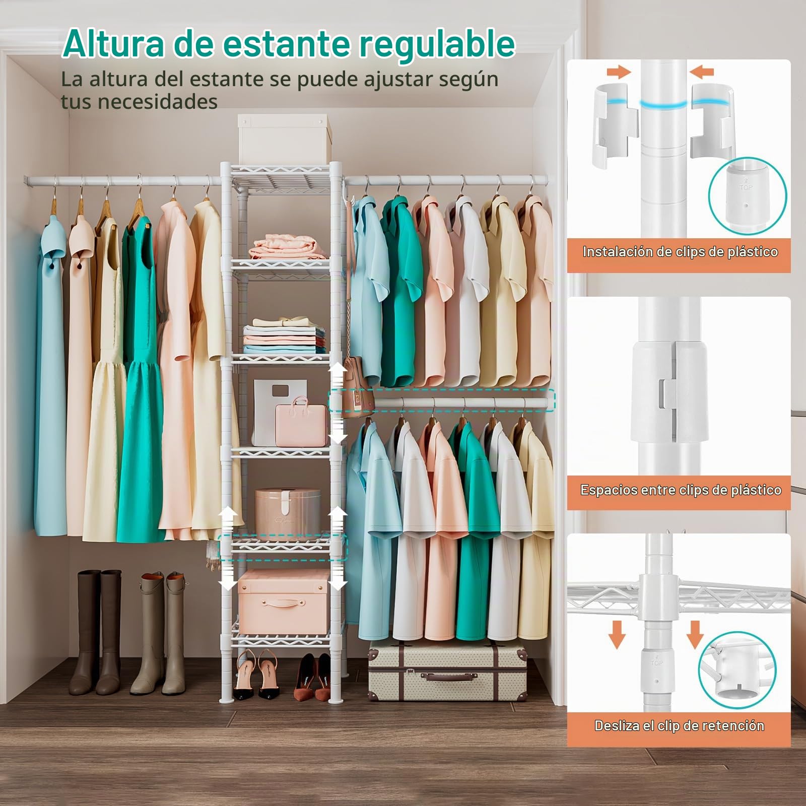 Armario Abierto Extensible con 3 Barras y 6 Estantes | Vestidor para Dormitorio, Blanco, 177–277 × 35 × 181 cm