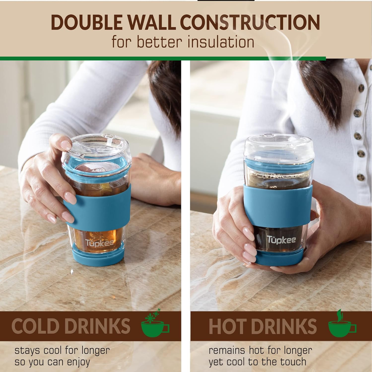 Tupkee Double Wall All Glass Tumbler - 8-Ounce, Reusable Insulated Tea/Coffee Mug & Lid, Hand Blown Glass Travel Mug - Niagara - 2 Pack - Image 7