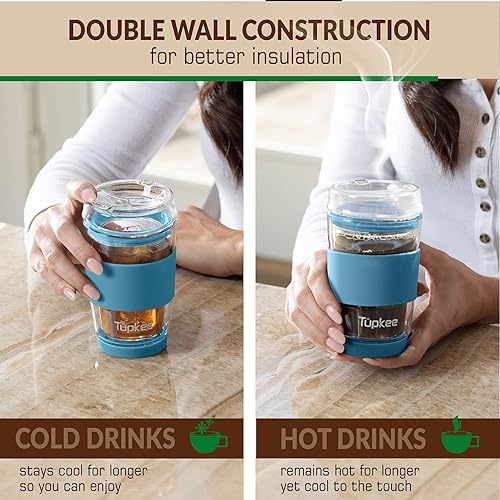 Miniatura 6 de Tupkee Vaso de vidrio de doble pared, 8 onzas, soplado a mano, reutilizable, aislado, taza y tapa, taza de viaje, Niágara