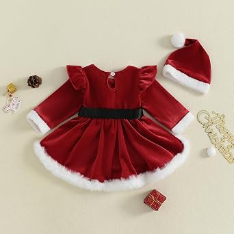 Newborn Infant Baby Girl Christmas Clothes Santa Claus Romper Dress Fur Trim Velvet Jumpsuit Bodysuit Hat Costume