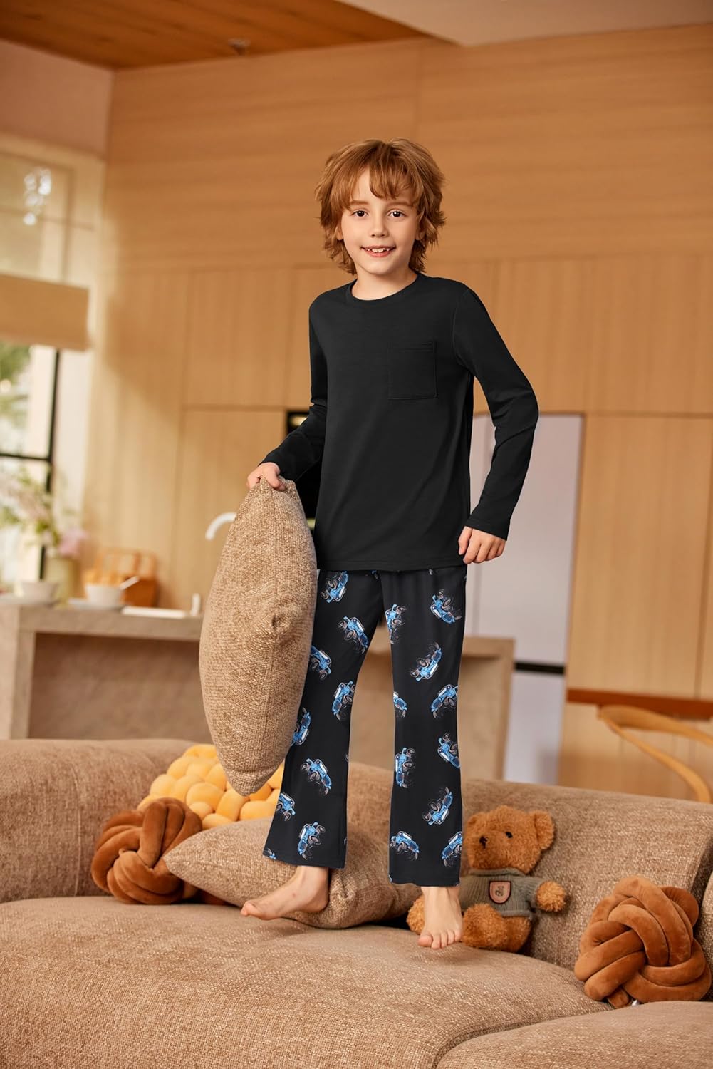 Arshiner Boys Loose-fit Pajamas Long Sleeve Top and Pants Car Print Black 2 Piece Pajama Set for Big Boys 12-13 Years - Image 3