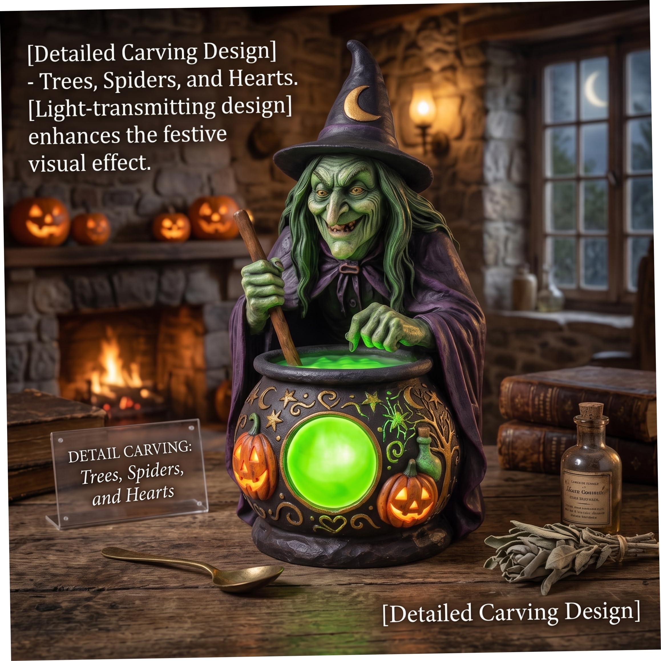 Lampada da strega di Halloween, strega di Halloween con calderone, decorazione a doppia funzione e lampada da tavolo, cappello nero