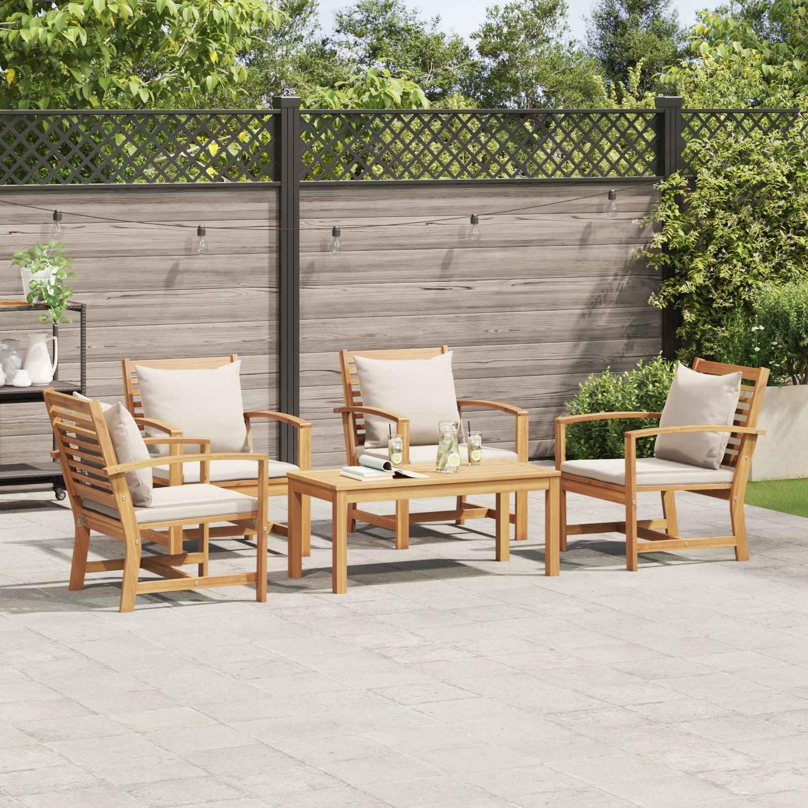 Set di mobili da giardino in teak 5 pezzi, divano da giardino in teak massiccio, marrone, con cuscini per seduta con cerniera, facile da pulire e installare, perfetto per terrazza