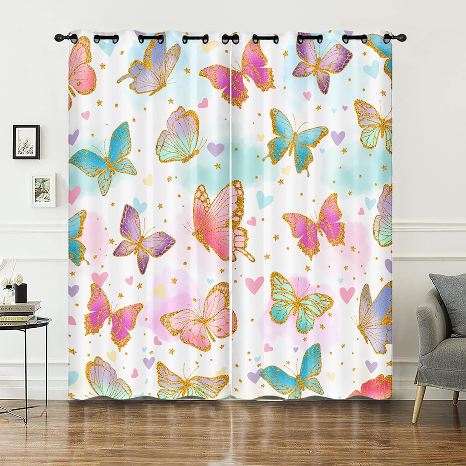 Axolotl Rainbow Butterfly Curtains for Girls Room,Gradient Pink Golden Butterflies Drapes for Kids Women,3D Butterflies Room Decor Glitter Butterflies Curtain 42 Wide 63 Long Inches,2 Panels Set