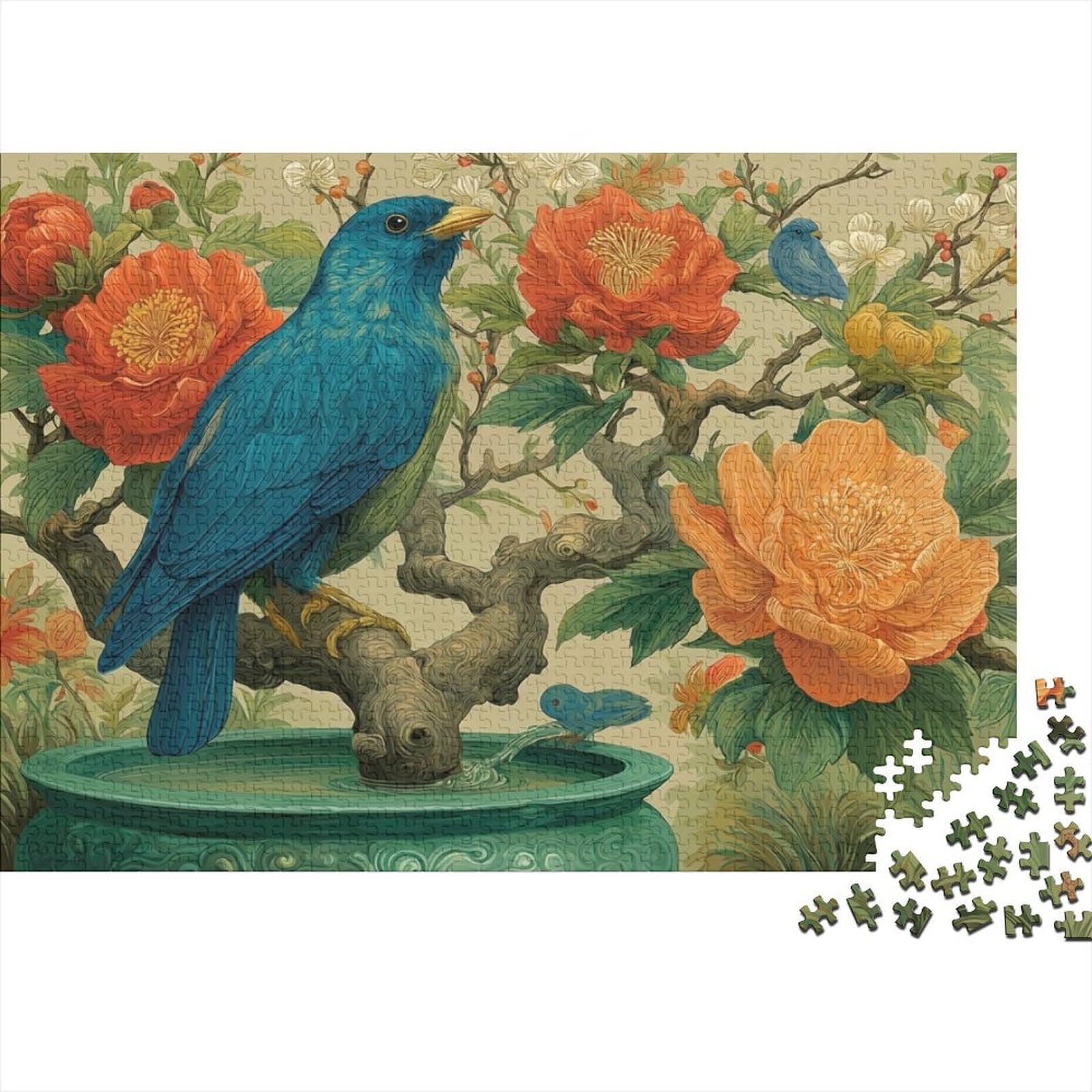 Blue Bird Floral Art Jigsaw Puzzles 1000 Piece Challenge Toy for Adults, Impossible Jigsaw Puzzles 1000 Pieces Educational Game Home Decoration 52x38cm/1000pcs
