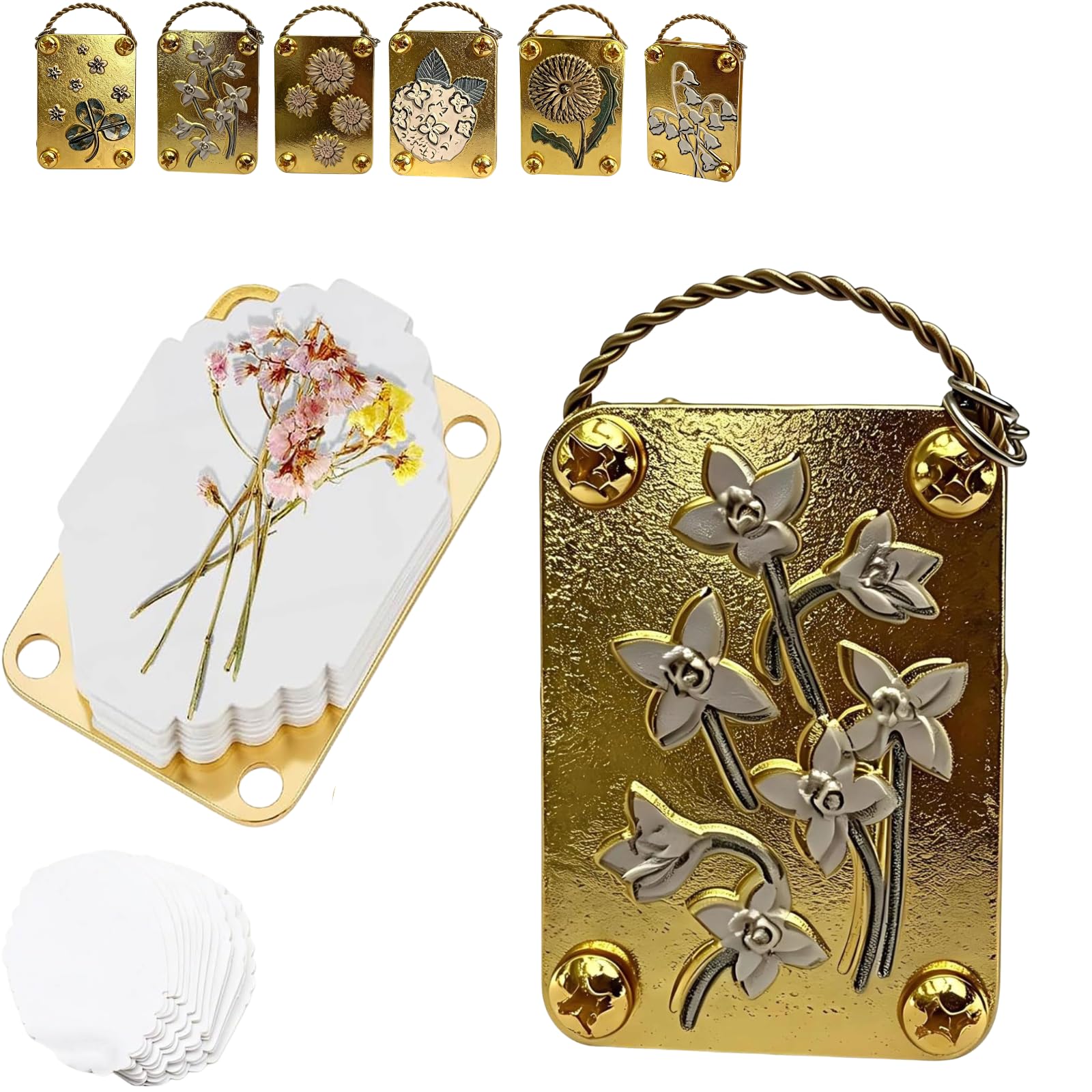 Flower Pressing Kit, Metal Micro Flower Press with 10 Paper, Portable Mini Plant Preservation Set for Adults and Kids, Pocket Botanicals Embossing Craft Tool, Keychain Accessory (Gold_B)