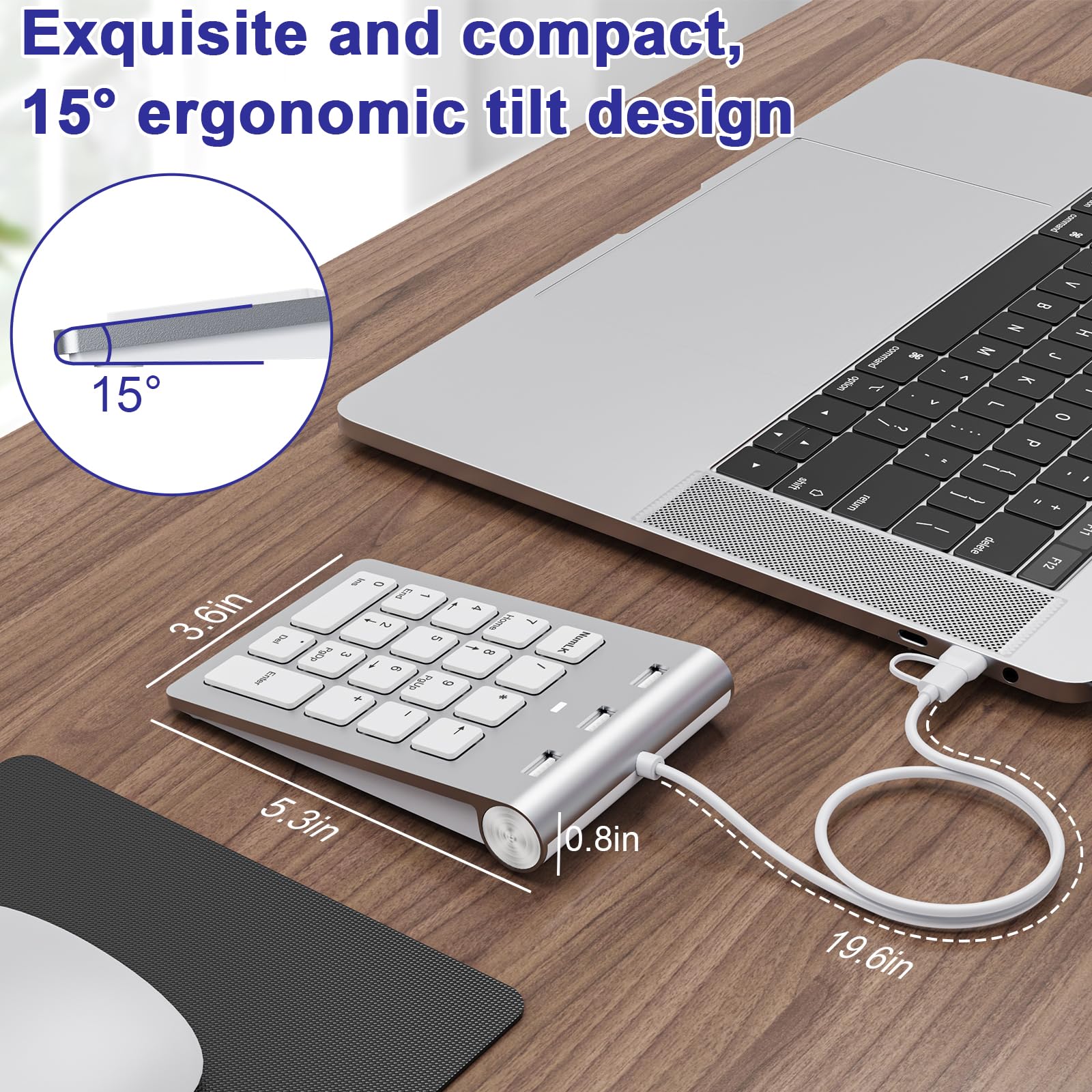 Pavé numérique filaire USB C/USB A, mini pavé numérique ergonomique avec 3 ports USB 2.0, pavé numérique 18 touches, pavé numérique de calcul de bureau pour ordinateur portable, ordinateur de bureau,
