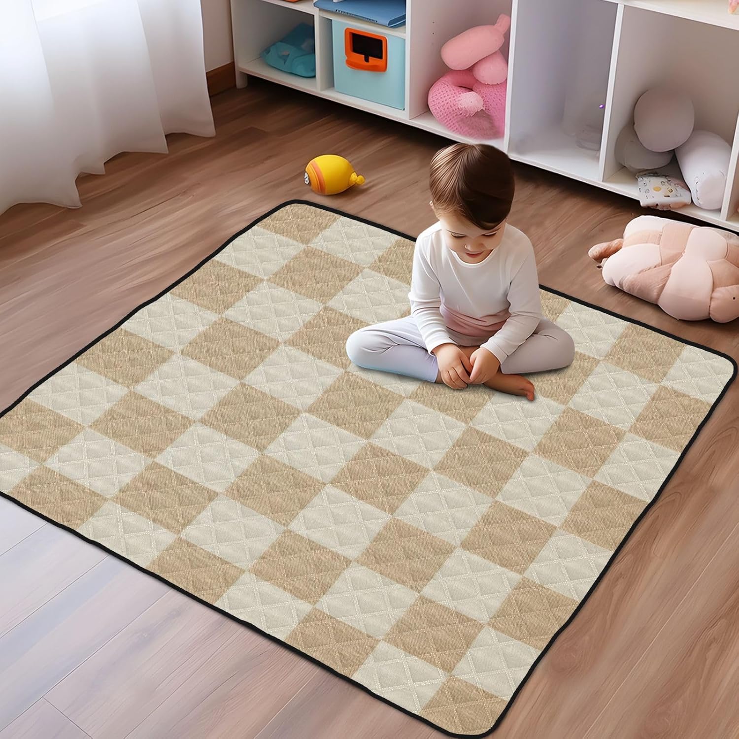 Baby Play Mat - 50" X 50" Baby Play Mats for Playpen & Floor, Checkered Beige Soft Foam Crawling Mat for Babies and Toddlers Infants, Foldable Waterproof, Machine Washable