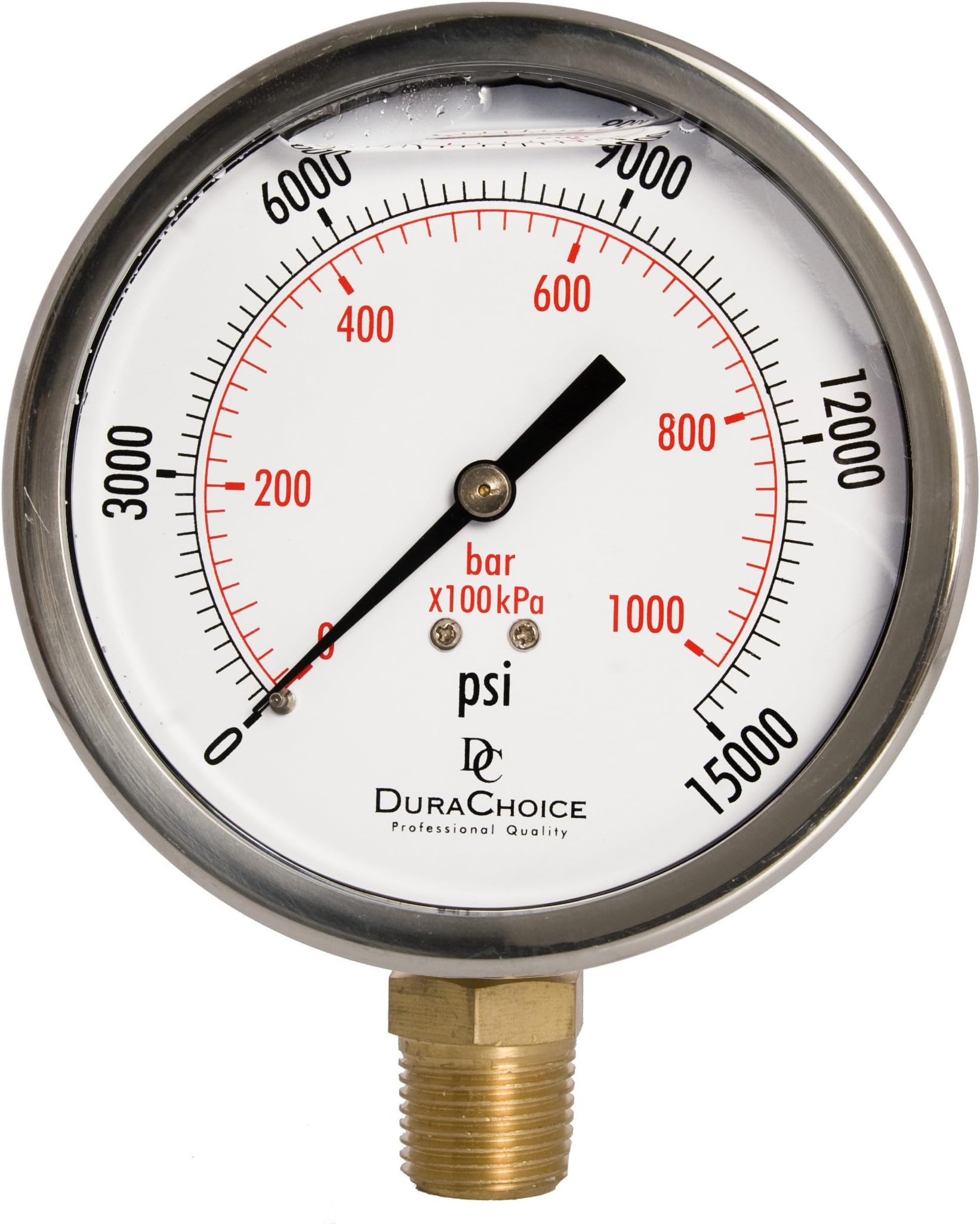 - 4" Oil Filled Pressure Gauge - Stainless Steel Case, Brass, 1/2" NPT, Lower Mount Connection, 0-15,000PSI