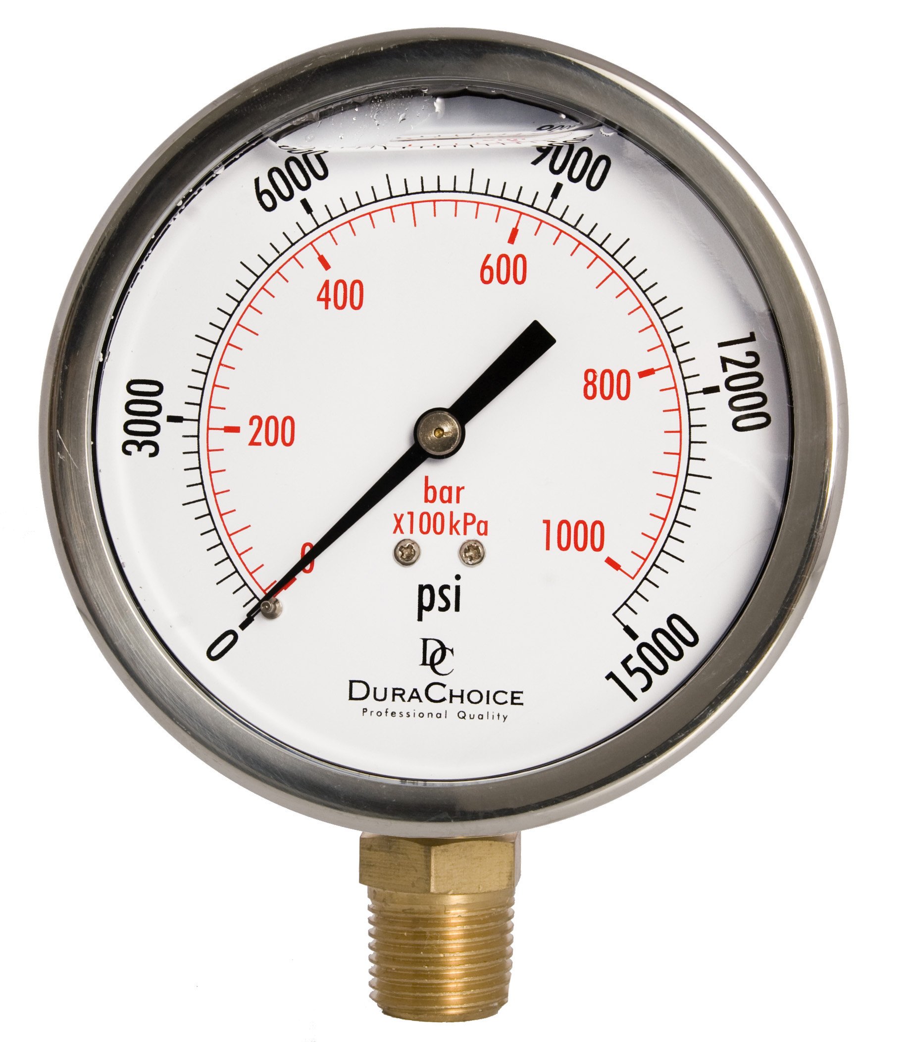- 4" Oil Filled Pressure Gauge - Stainless Steel Case, Brass, 1/2" NPT, Lower Mount Connection, 0-15,000PSI
