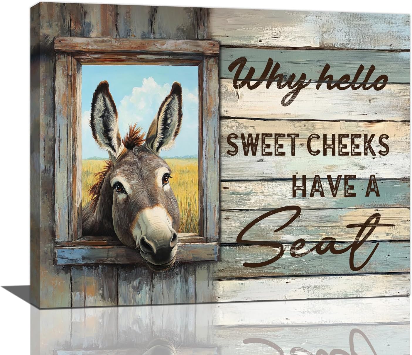 Farmhouse Donkey Bathroom Wall Art, Funny Donkey Canvas Wall Decor, Sweet Cheeks Pictures Framed Painting, Artwork for Bathroom Living Room Bedroom 20L'' × 16W''