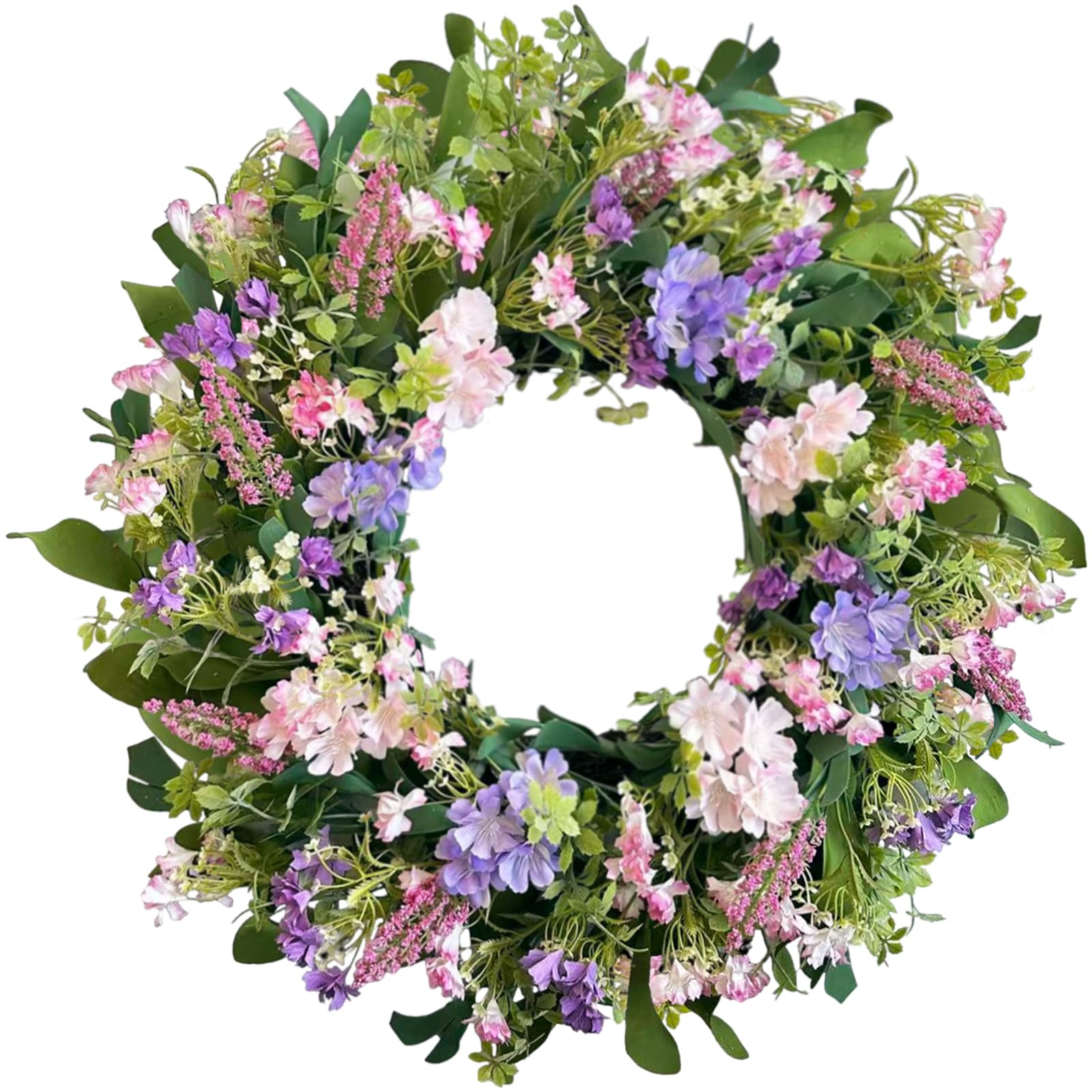 Lslefu 24 Inch Spring Summer Wreaths for Front Door, Purple Pink Hydrangea Wreath with Wildflowers Purple Forsythia, Artificial Silk Floral Wreath