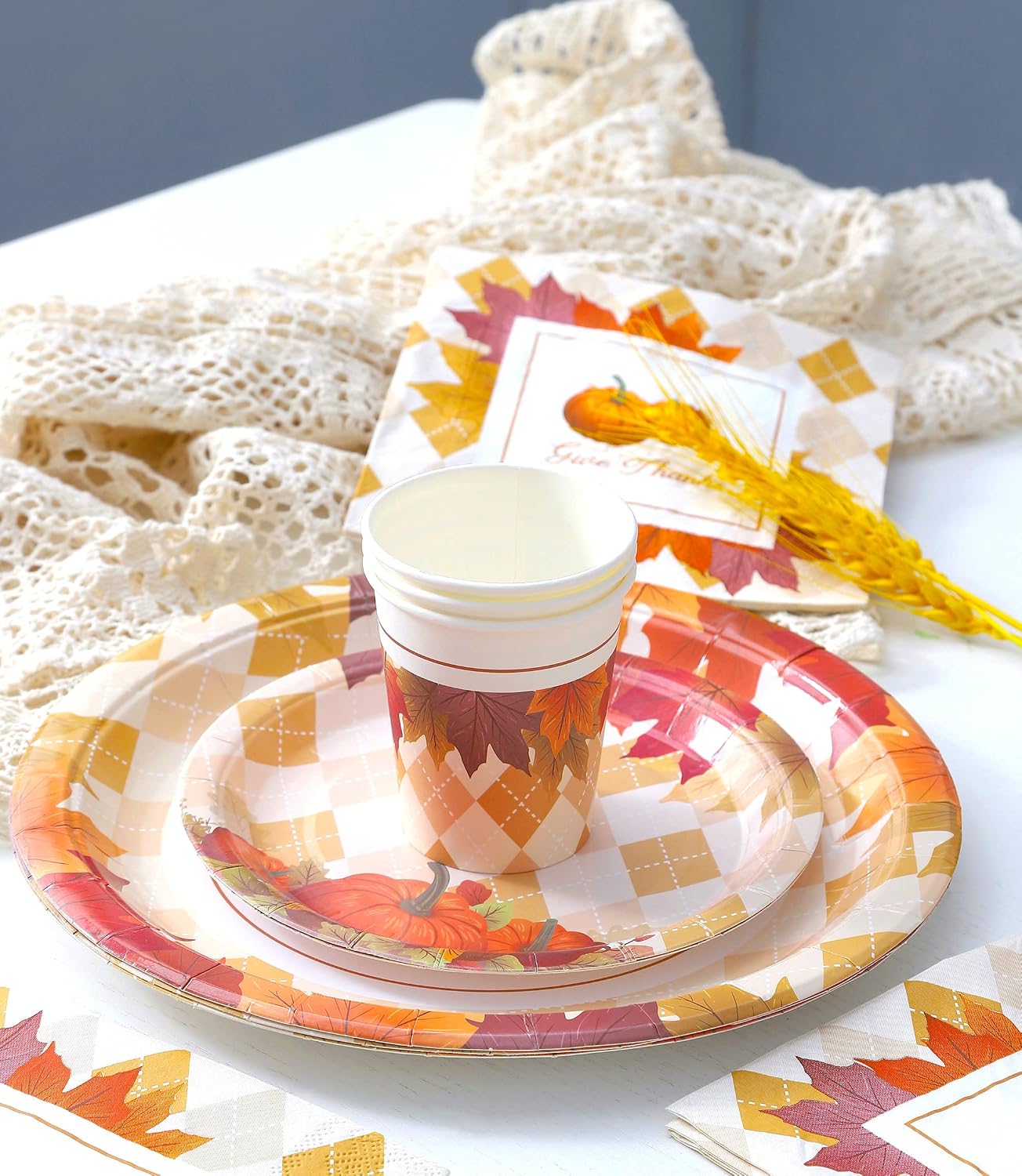 Large Thanksgiving Plates and Napkins Sets - Serves 16 - Includes 10 Inches Thanksgiving Paper Plates and 7 Inches Dessert Plates Cups Dinnerware for Thanksgiving Decorations Décor Table