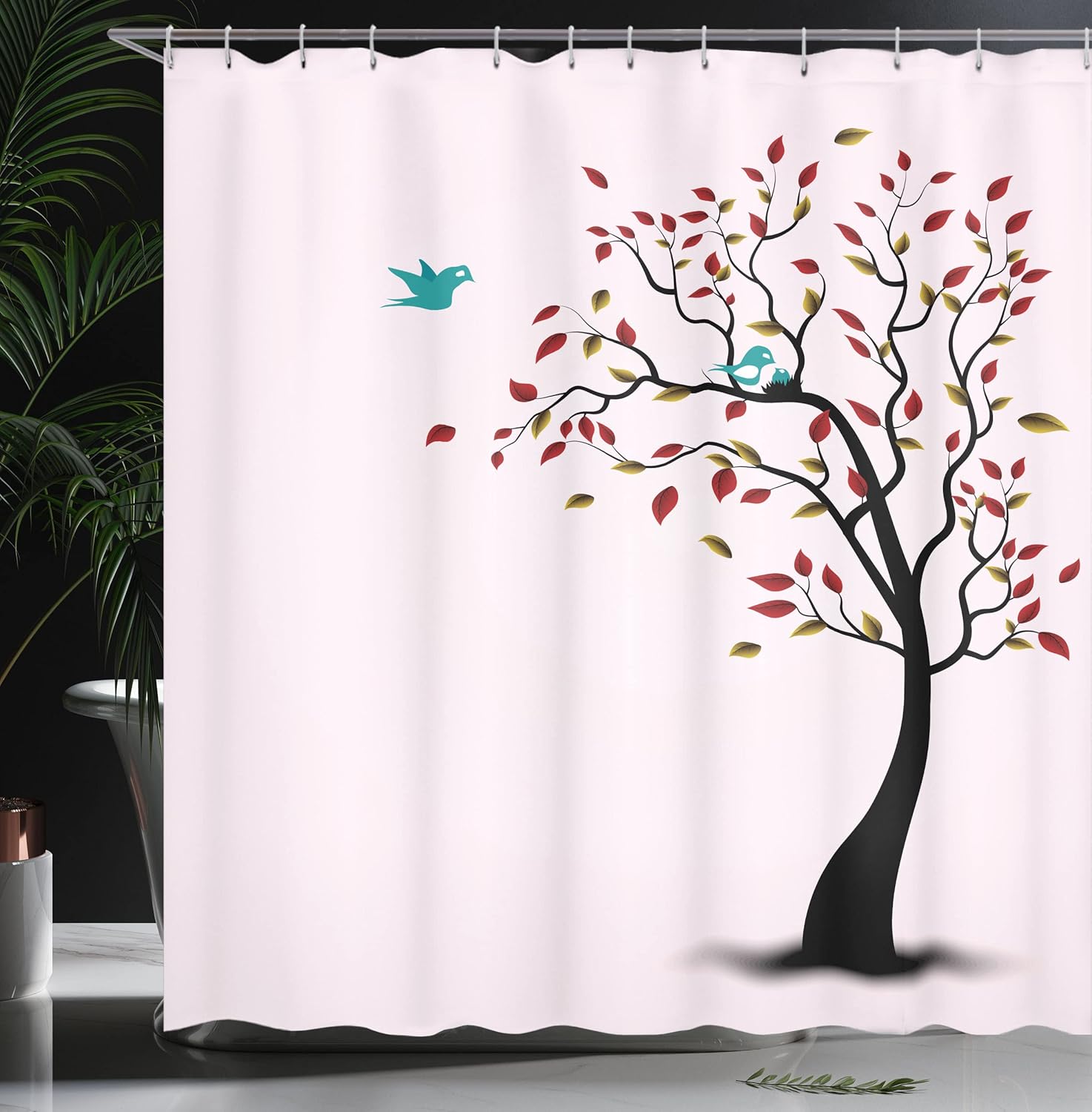 Ambesonne Birds Shower Curtain, Bird Family on Windy Tree Floral Branches Mother Happiness Themed Art, Cloth Fabric Bathroom Decor Set with Hooks, 69" W x 70" L, Multicolor