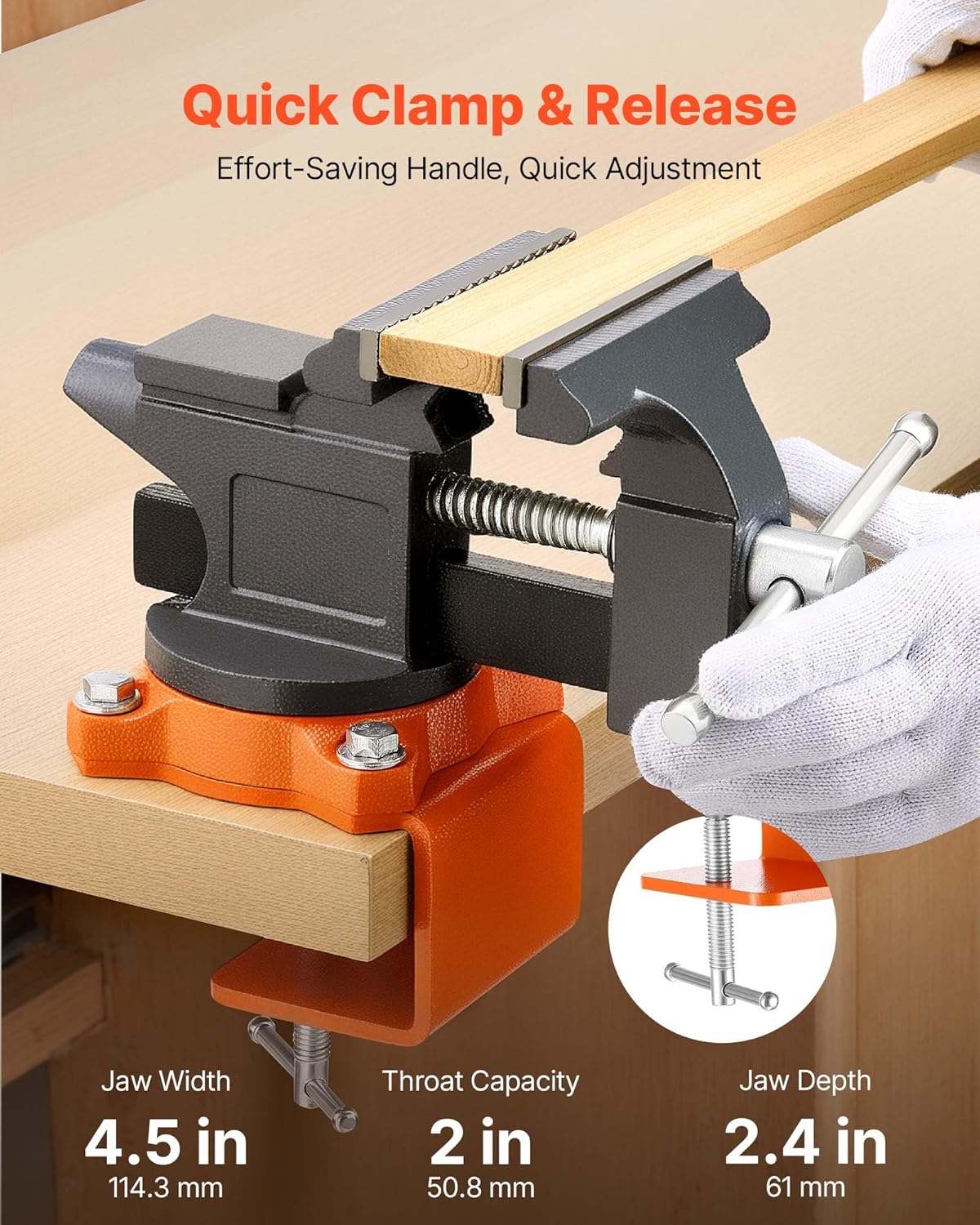 VEVOR Bench Vise, 4.5 Inch, Portable Workbench Vice with 270° Swivel Base, Quick Release Rotating Bench Clamp, Cast Iron Construction, for Woodworking, Metalworking, Drilling, Sawing, Cutting Conduit