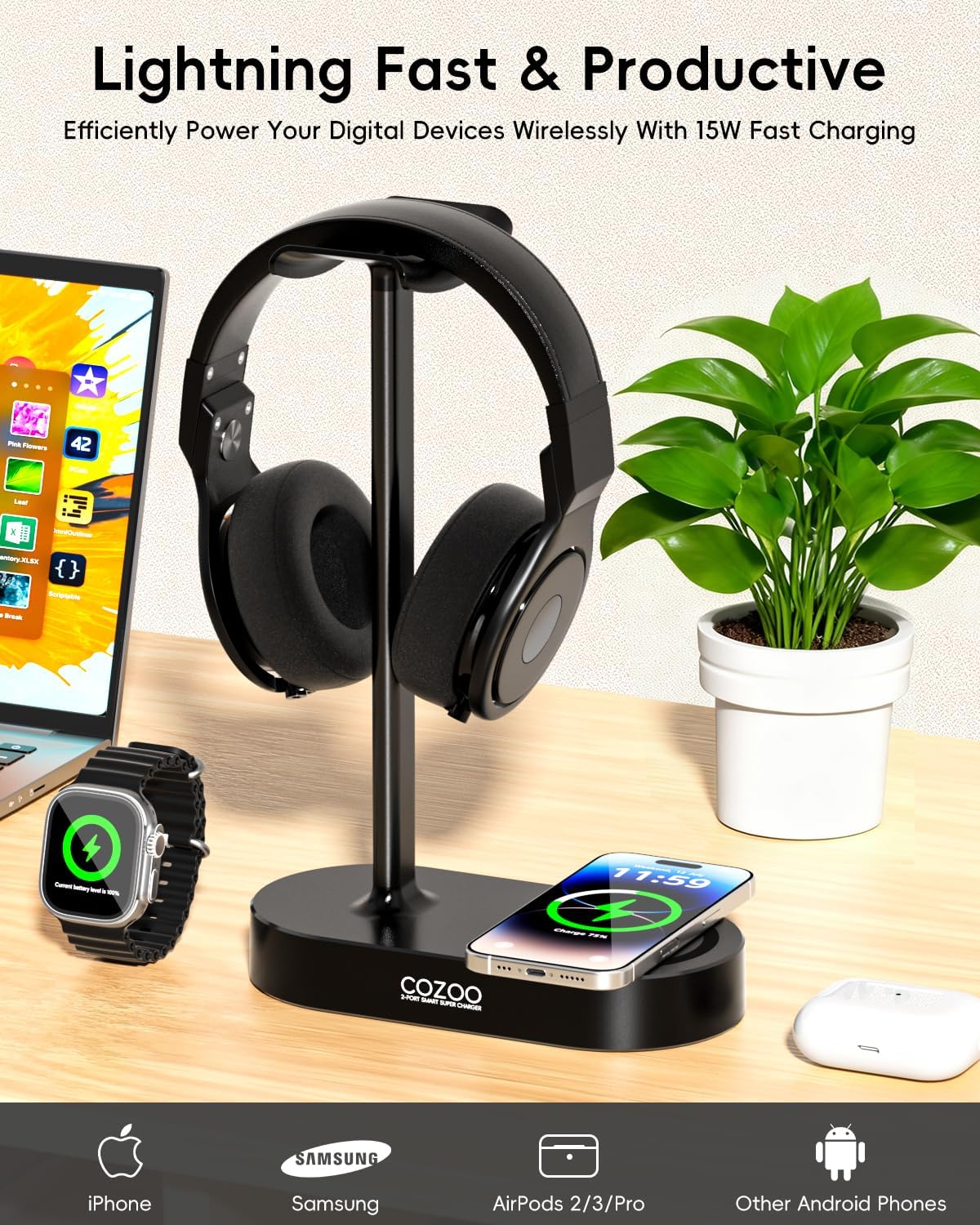 COZOO Headphone Stand with Fast Wireless Charging Pad and 2 USB Charging Ports, Suitable for Gaming, DJ, Wireless Earphone Accessories