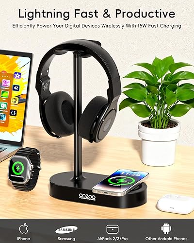 Miniatura 3 de COZOO Soporte para auriculares con almohadilla de carga inalámbrica rápida y 2 puertos de carga USB, adecuado para juegos, DJ, accesorios para