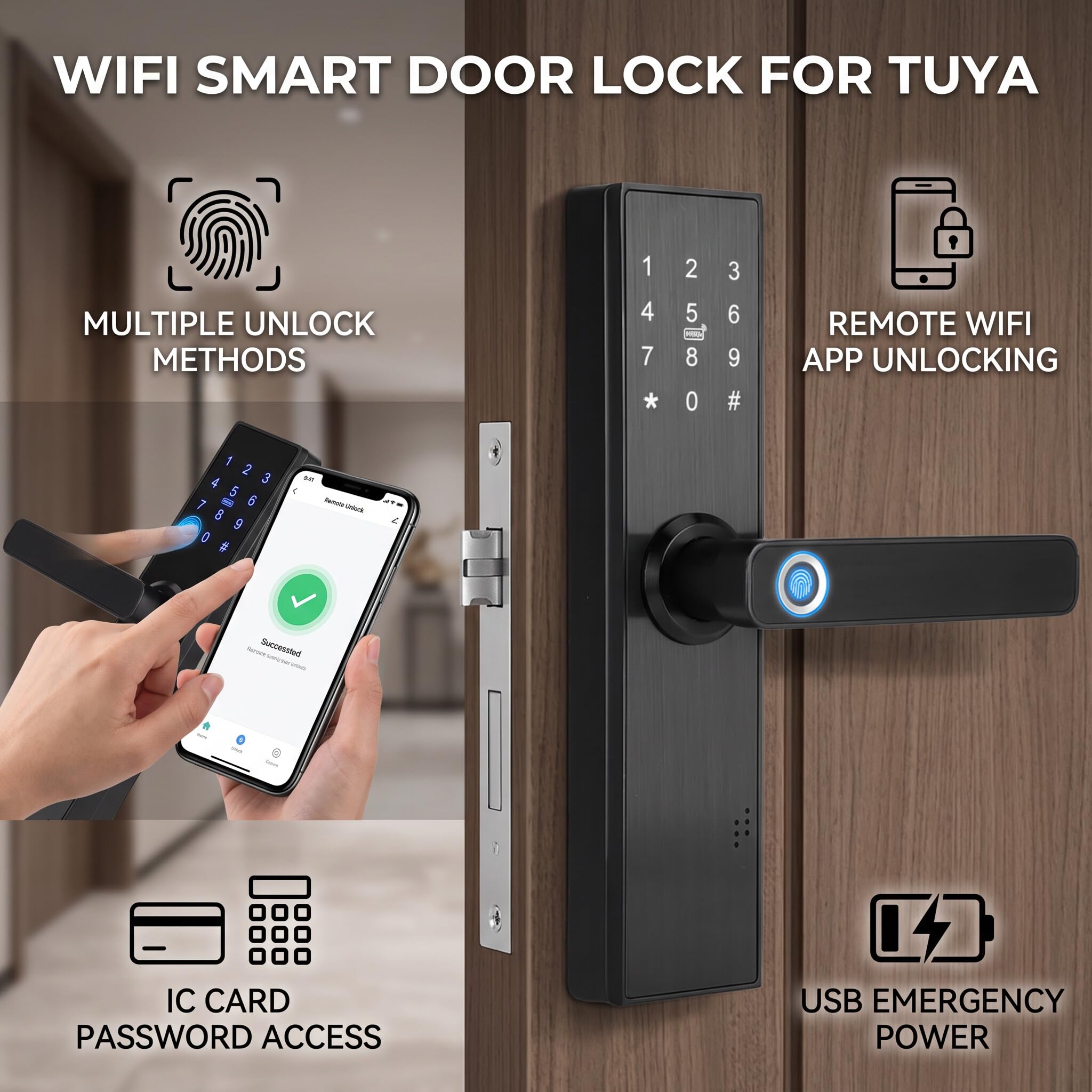 Cerradura de Puerta Inteligente, WiFi Pantalla Táctil Contraseña de Huella Digital Tarjeta IC Serrure de porte intelligente con Llave Mecánica Digital Aplicación Tuya Manija Reversible
