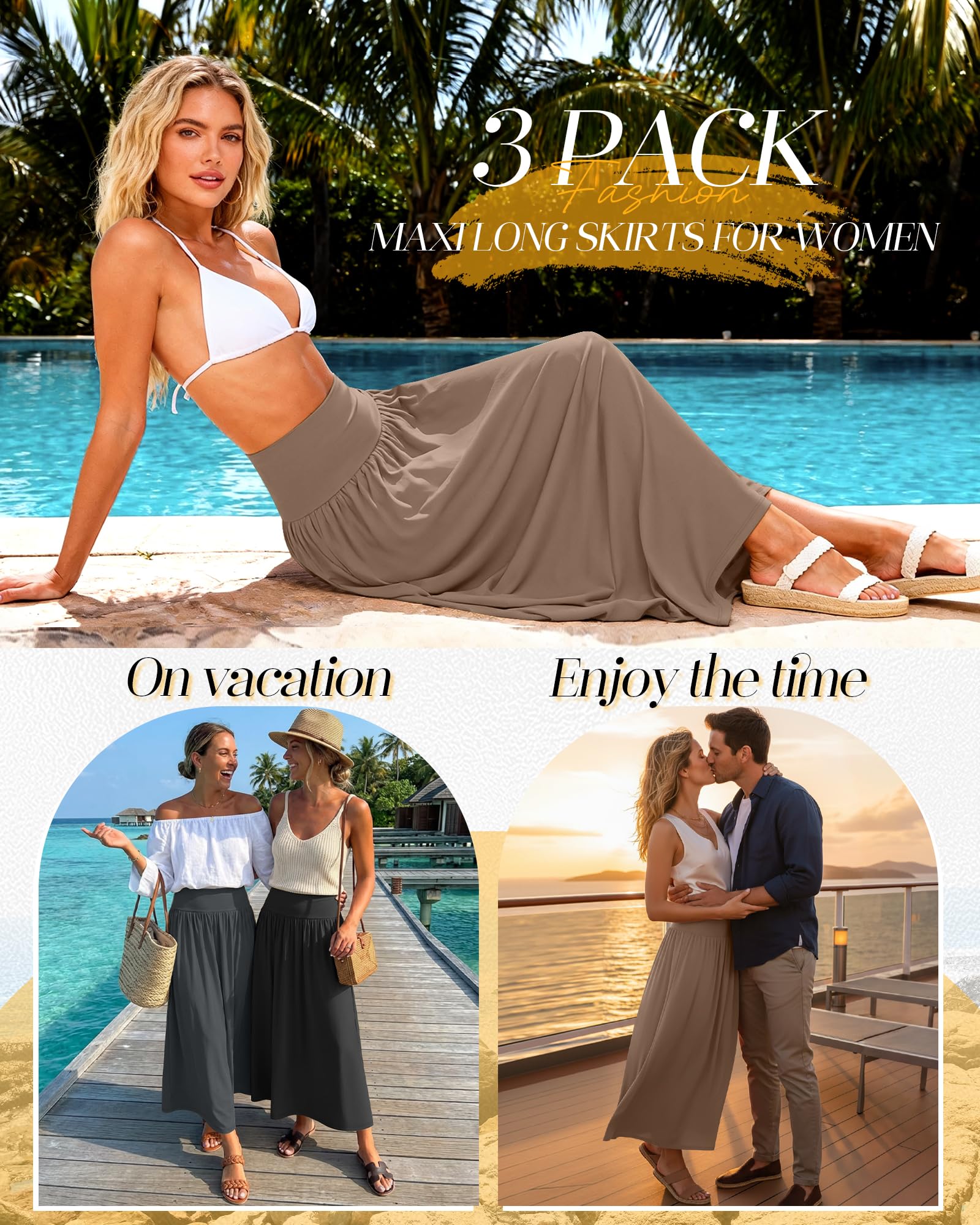 Ficerd Paquete de 3 Faldas Largas Maxi para Mujer, hasta el Tobillo, Cintura Alta, Verano, con Bolsillos